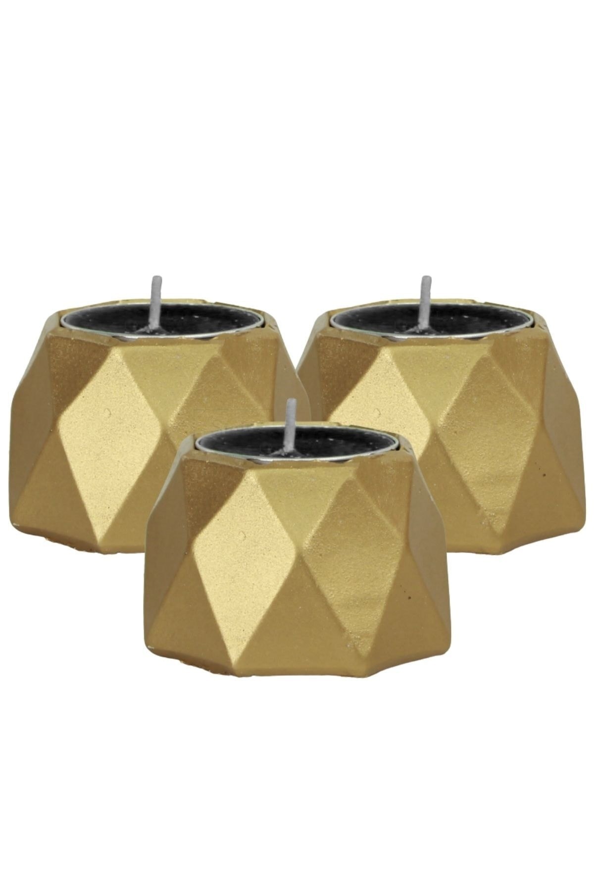 Şamdan Dekoratif Mumluk Altın Şamdan Set 3 lü (Üçlü) Tealight Uyumlu Poly 1 Model