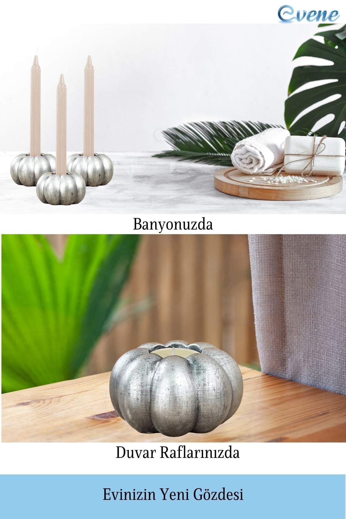 Gümüş Eskitme Mumluk Şamdan 3 Adet Tealight ve İnce Mum Uyumlu Kabak Model