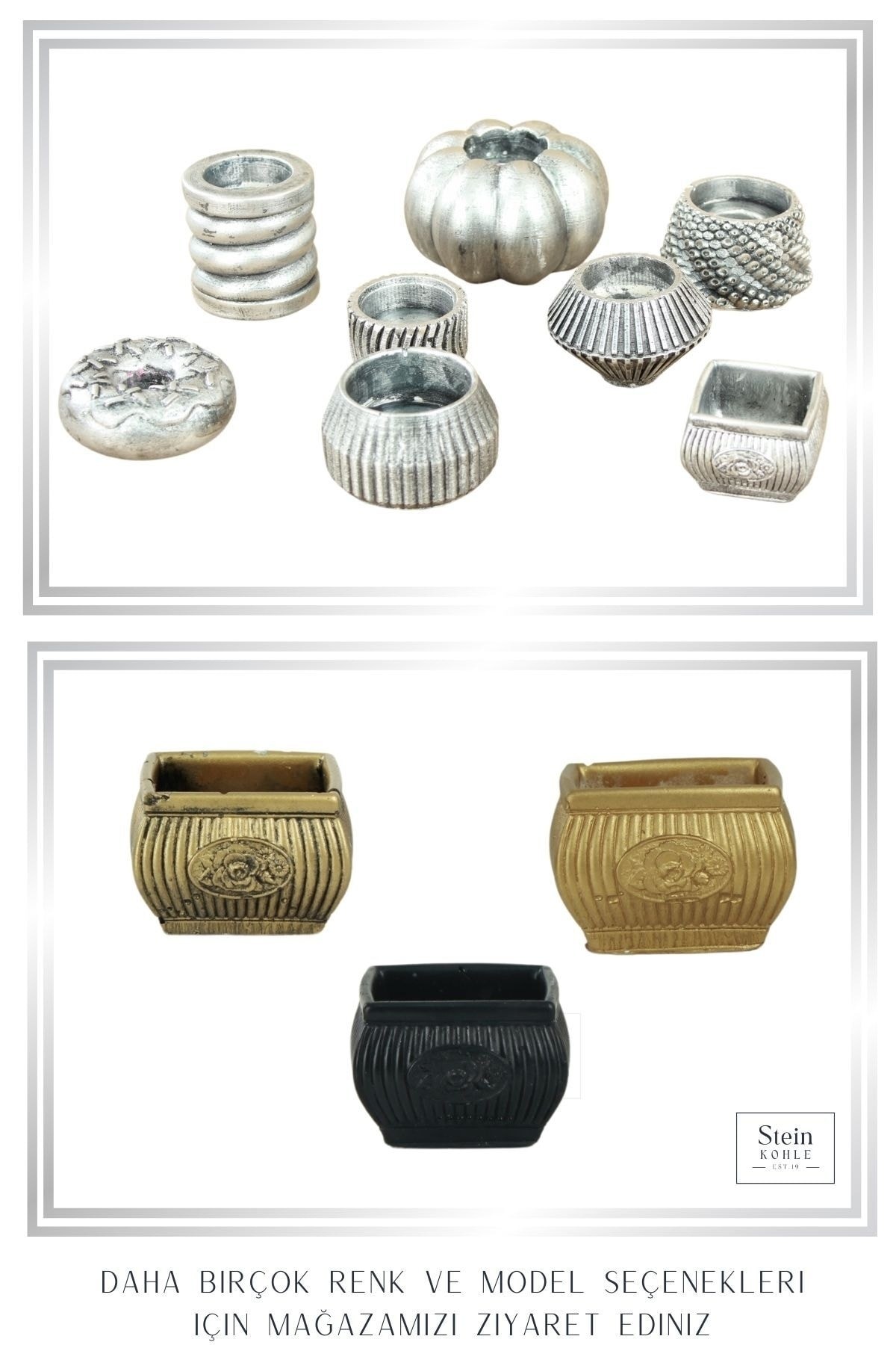 Şamdan Dekoratif Mumluk Gümüş Eskitme Şamdan Set 3 lü (Üçlü) Tealight Uyumlu Çizgili Çiçek Model