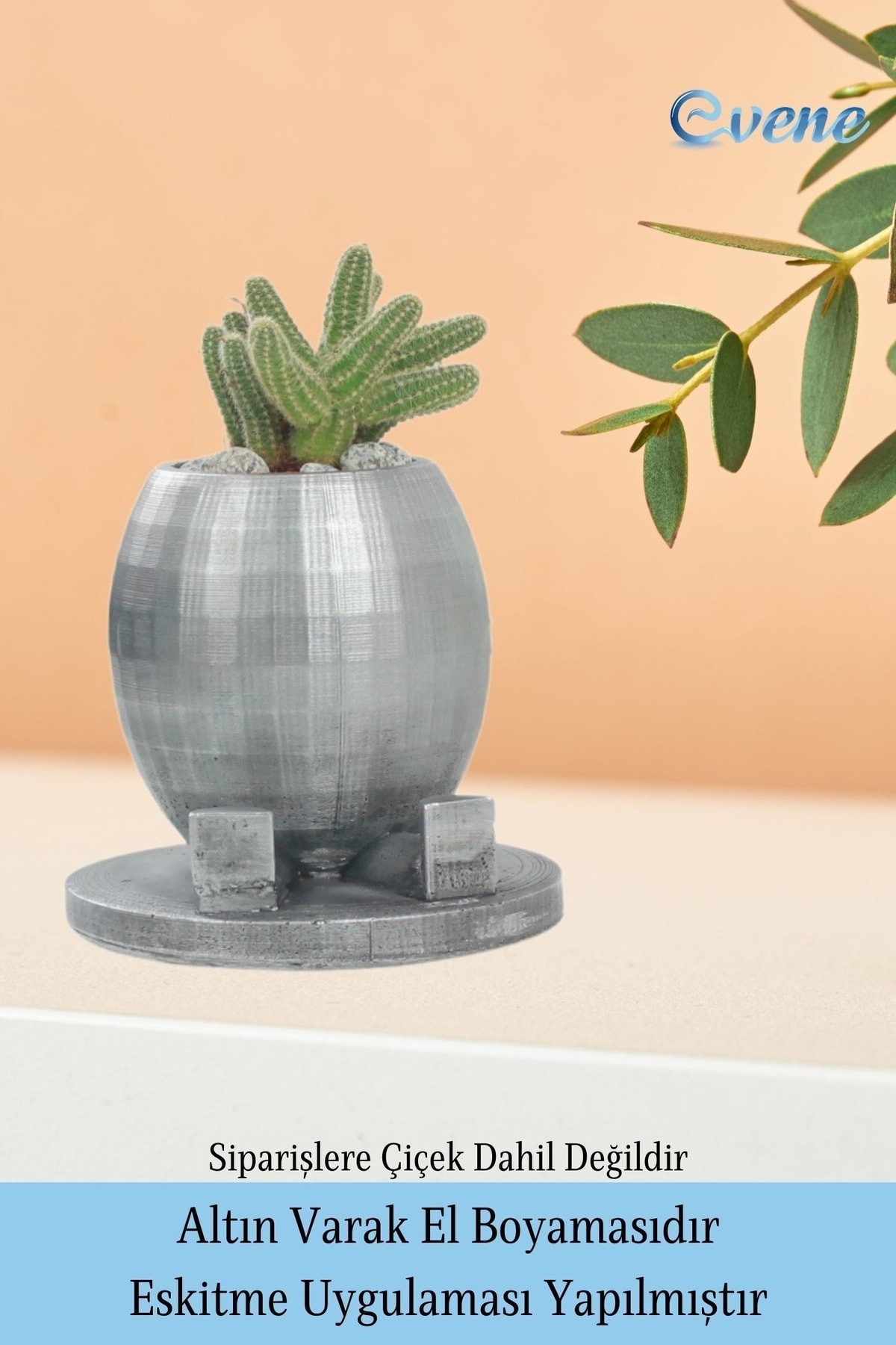 Ahşap Ayaklı Beton Saksı Büyük Boy Set 2 Adet Gümüş Varak Boyalı Eskitmeli Ayaklı Yuvarlak Model