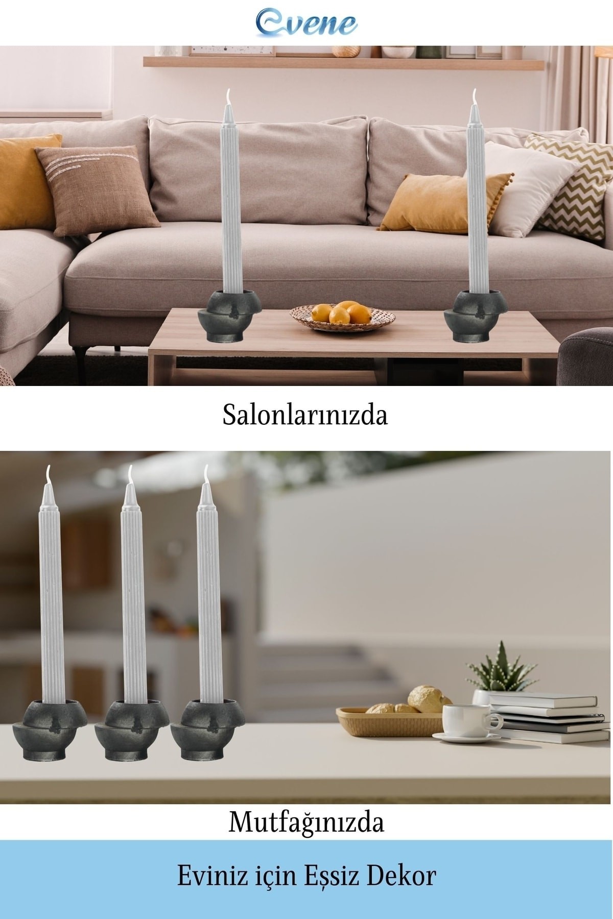 Siyah Mumluk Şamdan 3 Adet Tealight ve İnce Mum Uyumlu Kesik Model