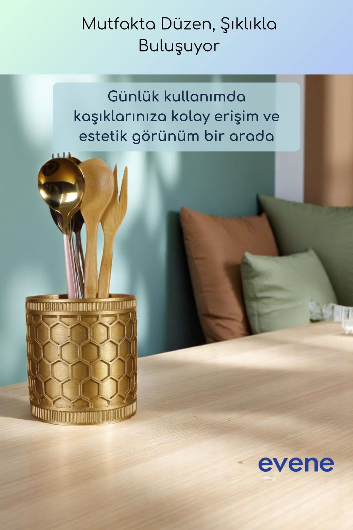 Tezgah Üstü Kaşıklık Dekoratif Dik Kaşıklık Silindir Kaşıklık Altın Renk Model 81