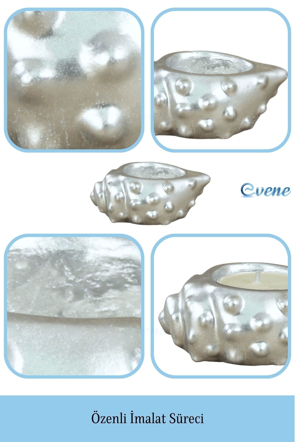 Gümüş Mumluk Şamdan Tealight Mum Uyumlu Deniz Kabuğu Model
