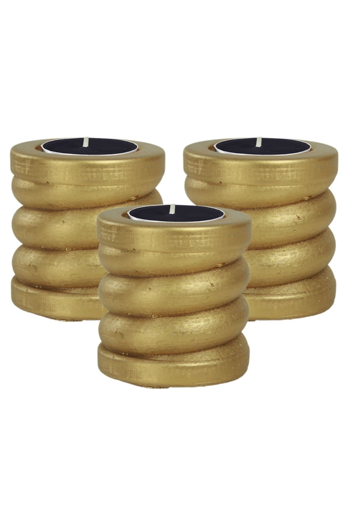 Şamdan Dekoratif Mumluk Altın Şamdan Set 3 lü (Üçlü) Tealight ve Uzun Mum Uyumlu Spiral Model