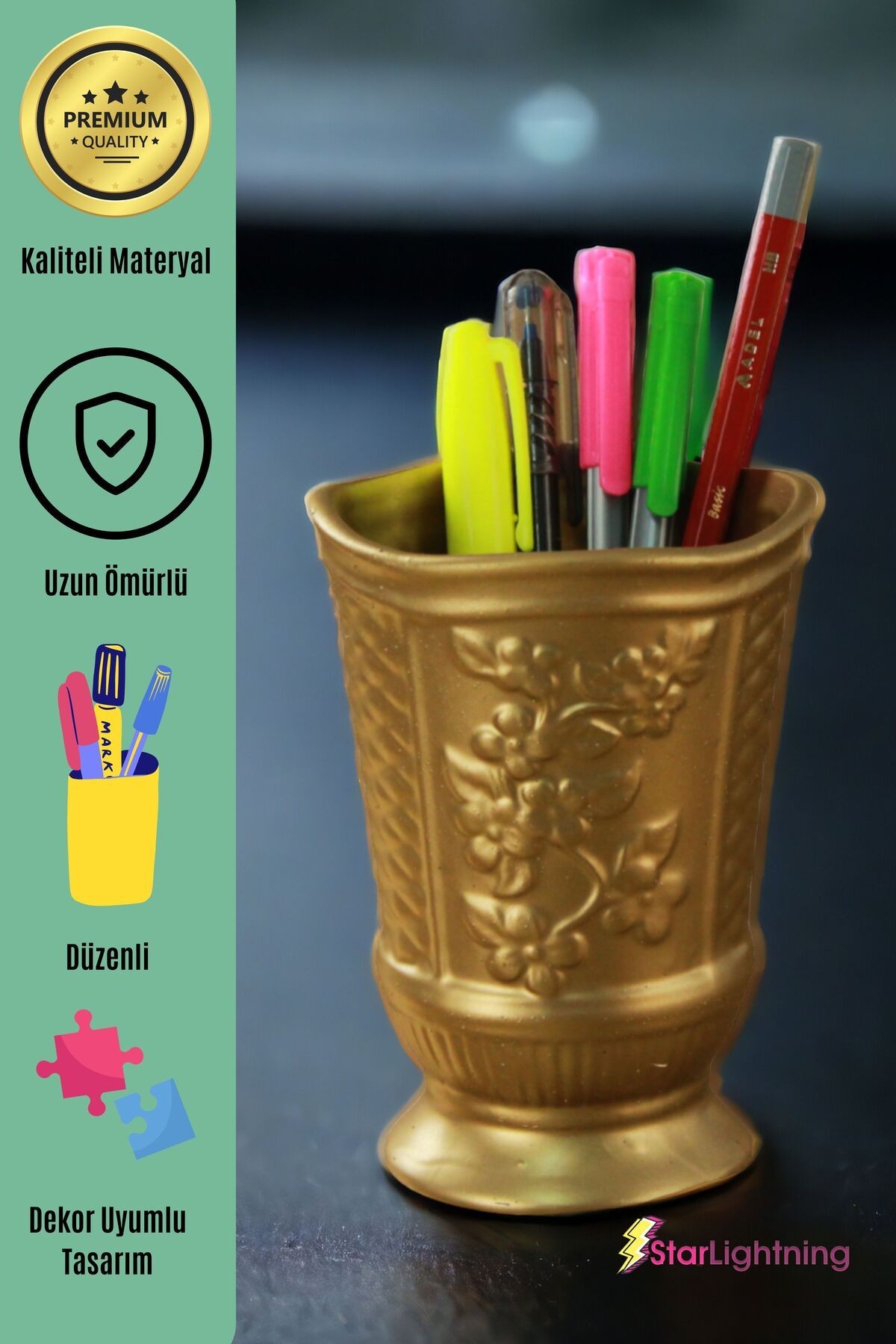 Kalemlik Altın Renk Masa Kalemliği Organizer Kalemlik Model 9