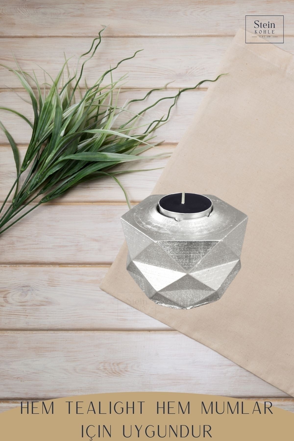 Şamdan Dekoratif Mumluk Gümüş Şamdan Set 3 lü (Üçlü) Tealight ve Uzun Mum Uyumlu Prizma Model
