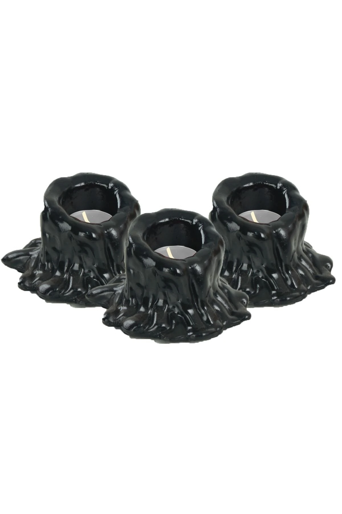 Şamdan Dekoratif Mumluk Siyah Şamdan Set 3 lü (Üçlü) Tealight Uyumlu Erimiş Mum Küçük Model