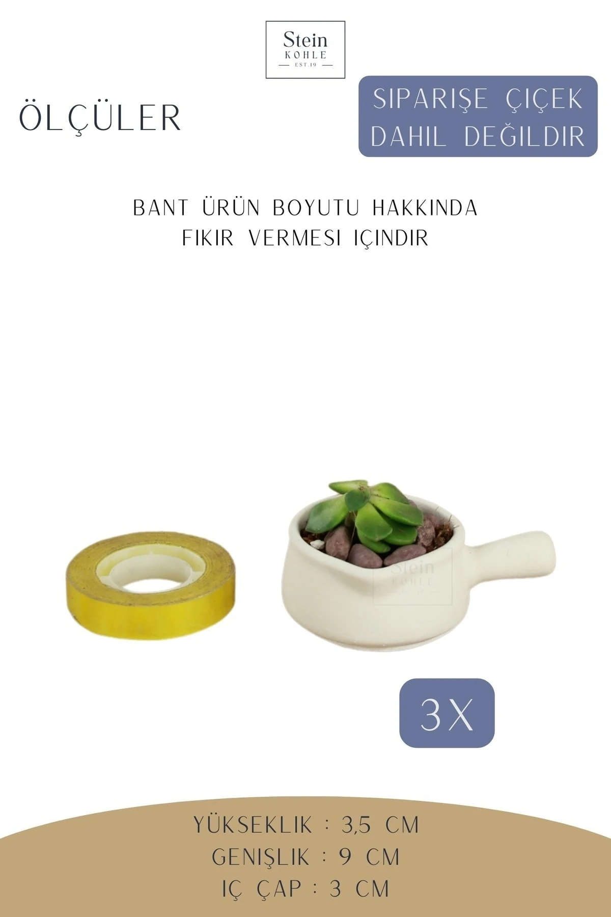 Dekoratif Saksı Minik Kaktüs Saksısı Beyaz Renk 3 Adet Saksı Seti Mini Tava Model