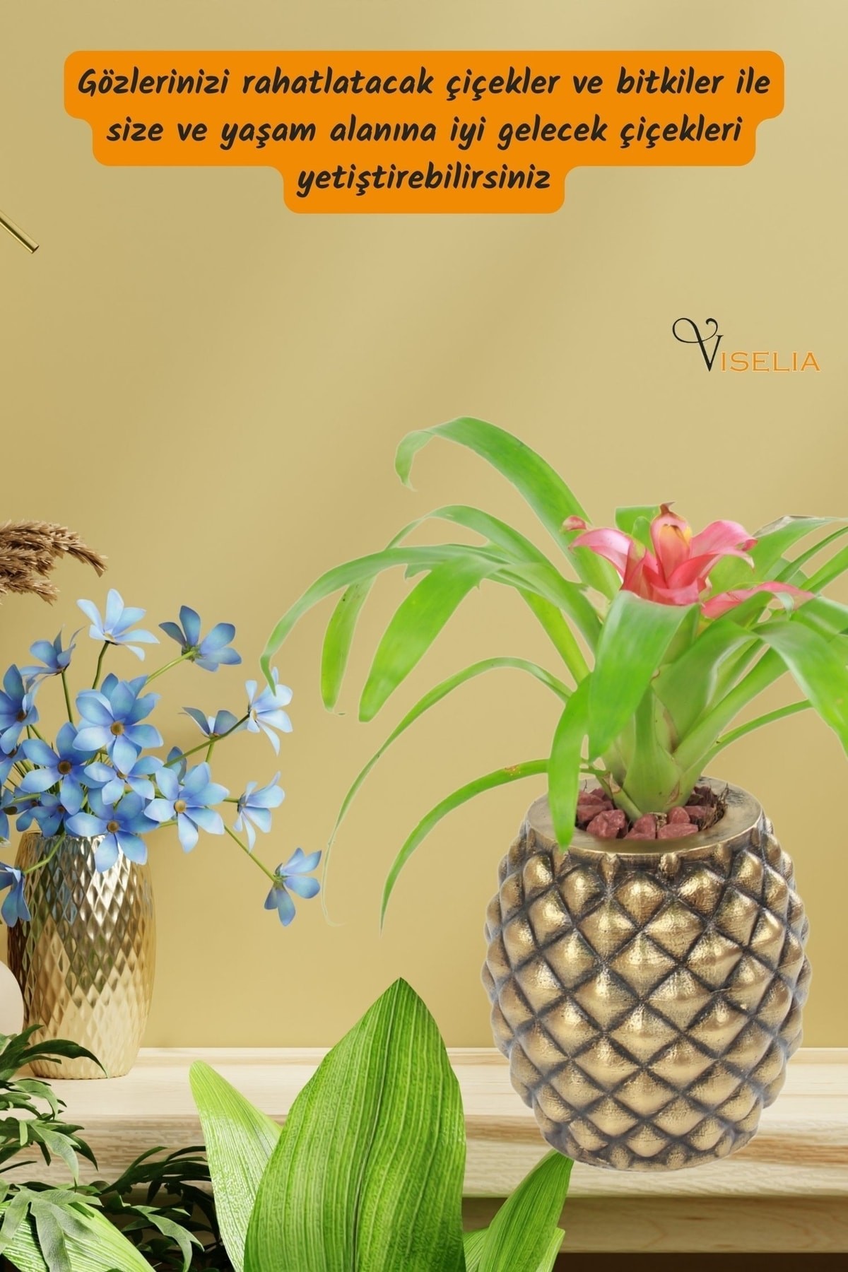 Dekoratif Saksı Altın Eskitme Büyük Çiçek Saksısı Ananas Model