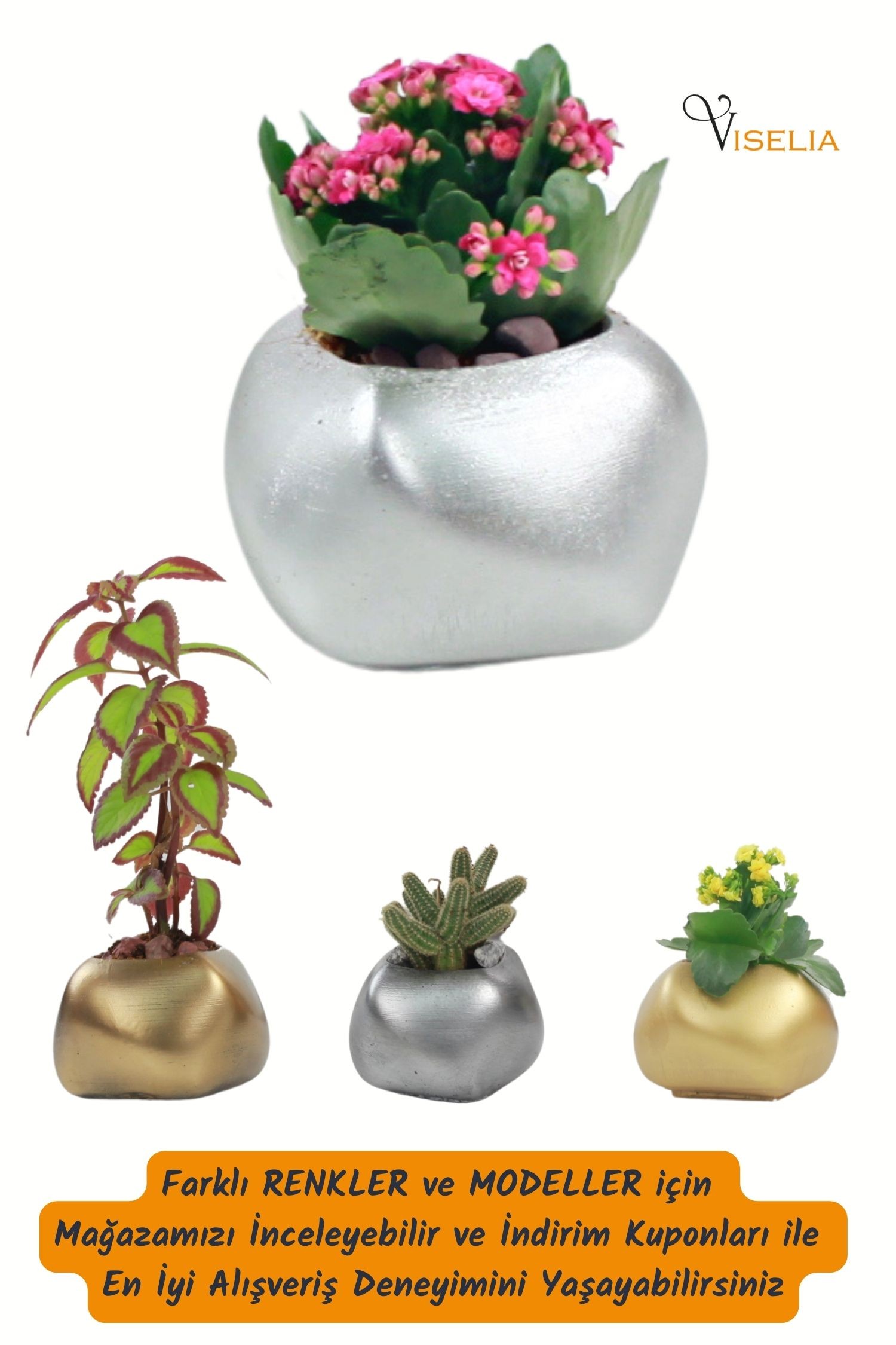 Viselia Büyük Dekoratif Saksı Gümüş Çiçek Saksısı 3 Adet 3 Boy Spiral Model