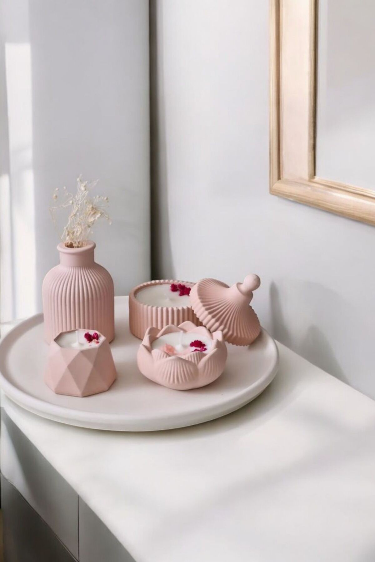 Pembe Sunumluk Takı Tabağı Dekoratif Tepsi Obje Seti 5 Parça Model 1023