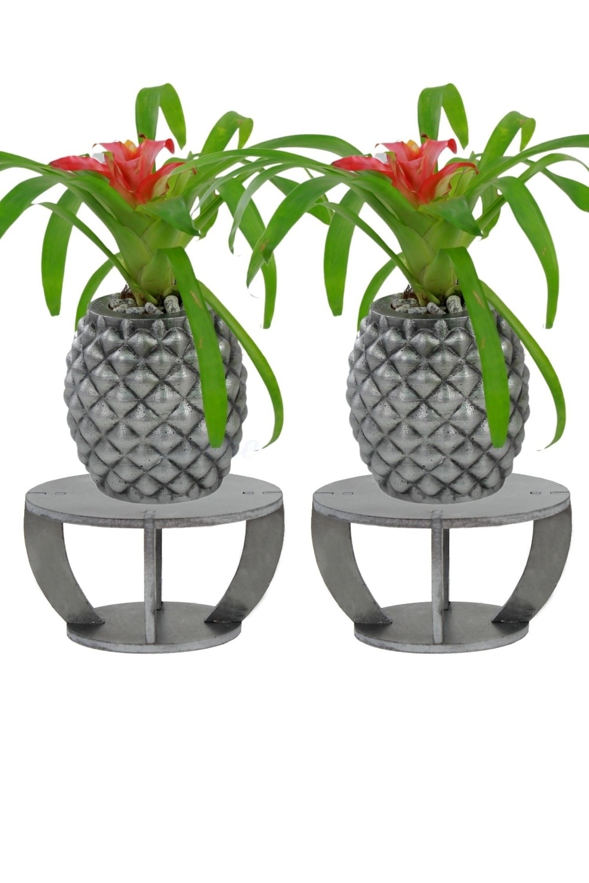 Ahşap Ayaklı Beton Saksı Büyük Boy Set 2 Adet Gümüş Varak Boyalı Eskitmeli Ananas Model
