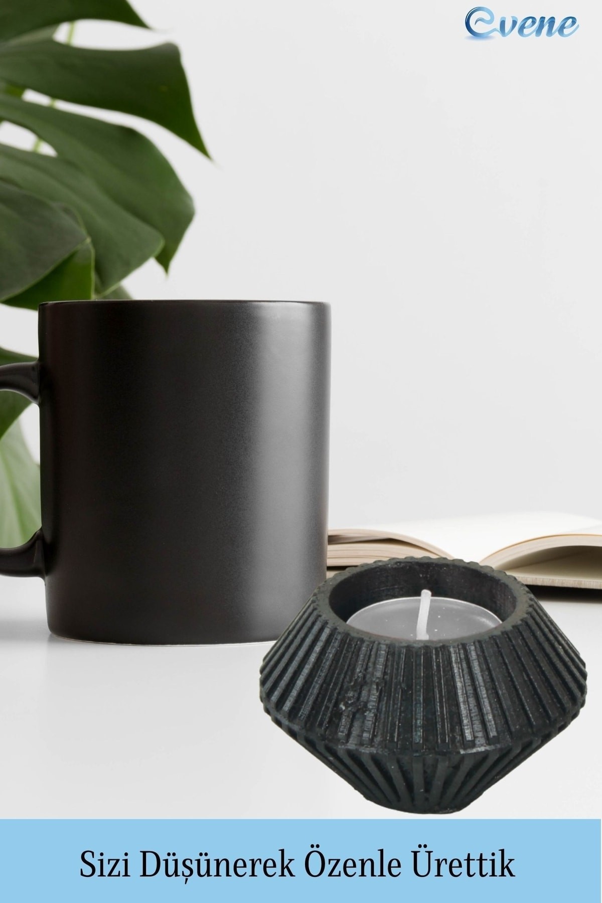 Siyah Mumluk Şamdan Tealight Mum Uyumlu Elmas Çizgili Model