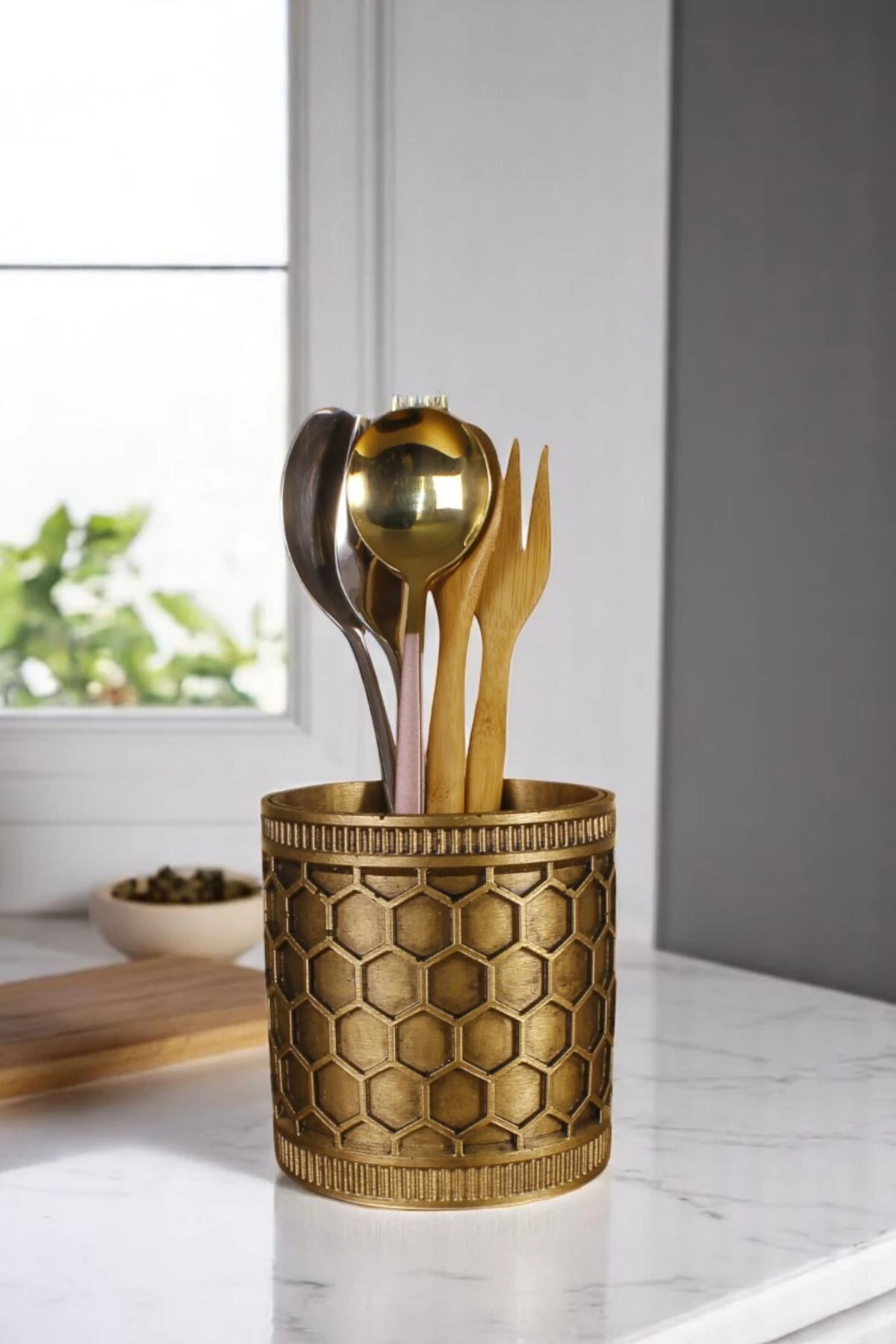 Tezgah Üstü Kaşıklık Dekoratif Dik Kaşıklık Silindir Kaşıklık Altın Eskitme Renk Model 81