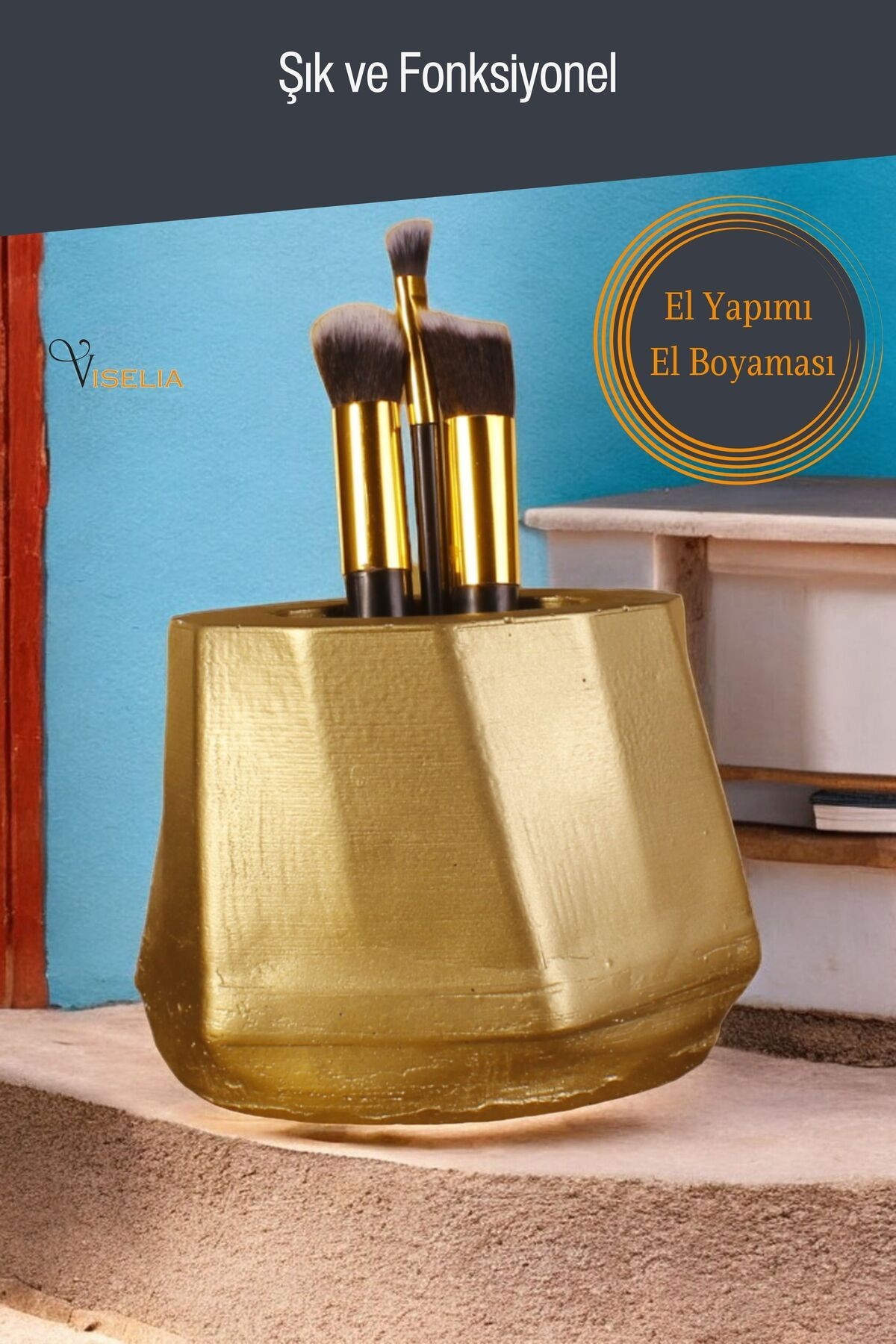 Makyaj Duzenleyici Makyaj Organizeri Makyaj Fırçalığı Makyaj Fırçası Altın Renk Model 17