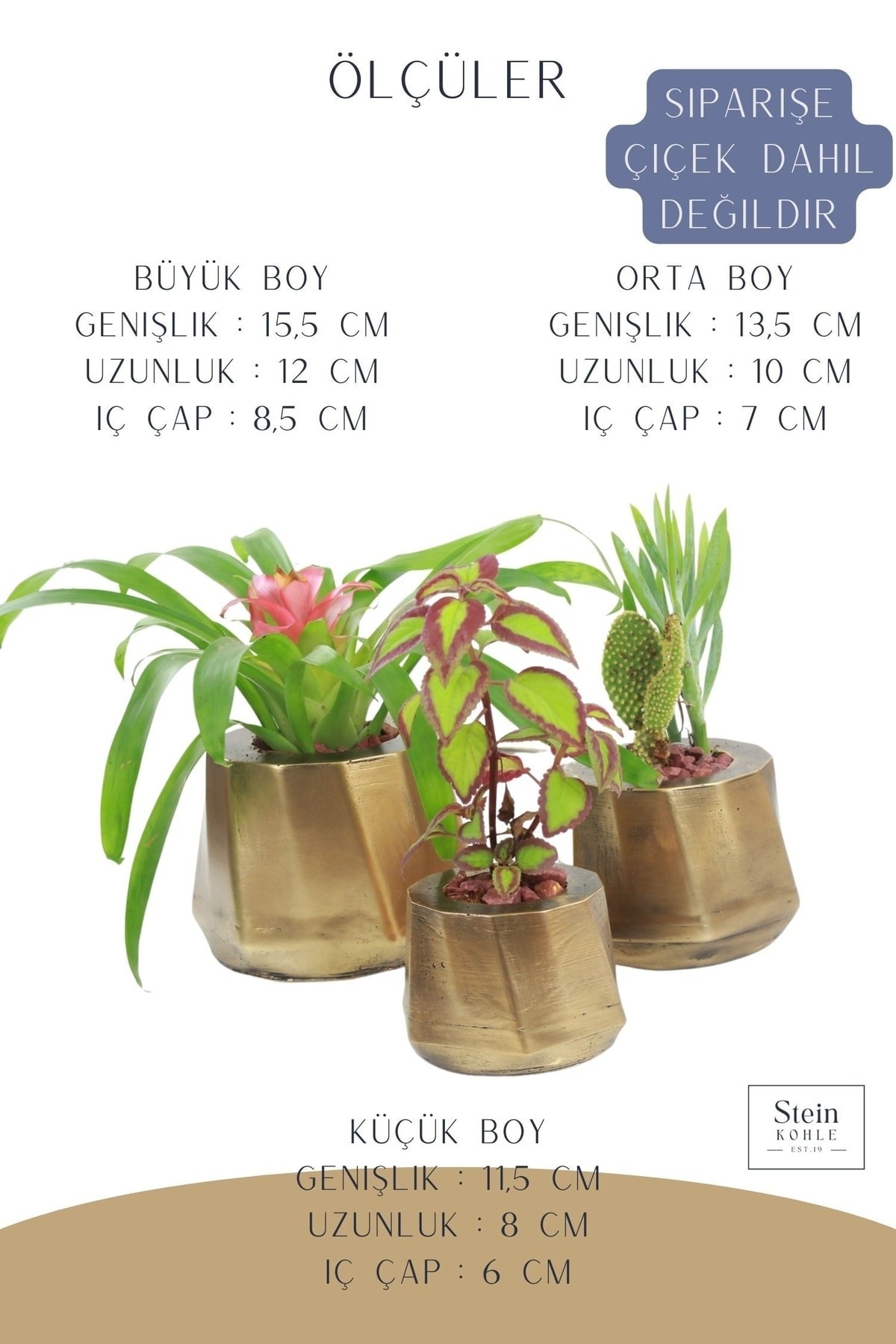 Çiçek Saksısı Büyük Boy 3 Adet Altın Renk Eskitme Uygulamalı Kalın Çizgi Model