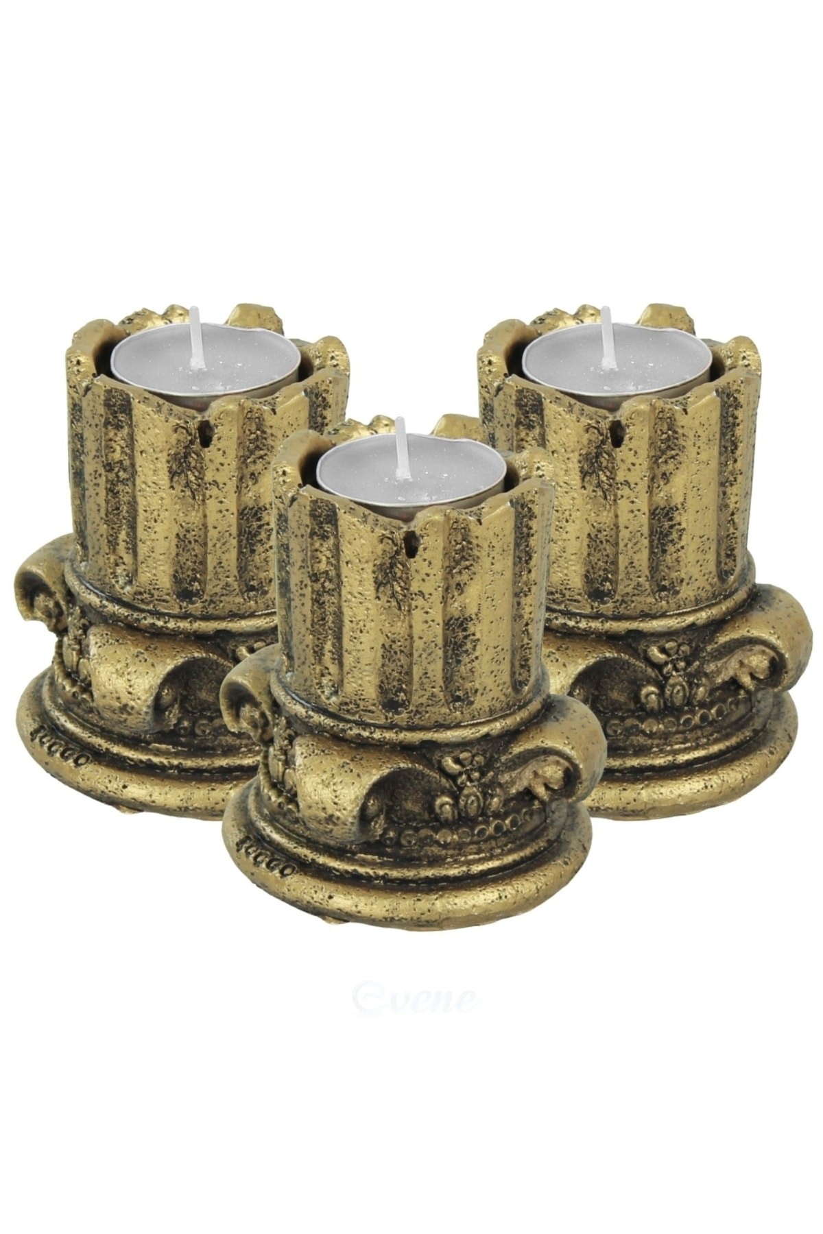 Altın Eskitme Mumluk Şamdan 3 Adet Tealight Uyumlu Tarihi Sütun Model