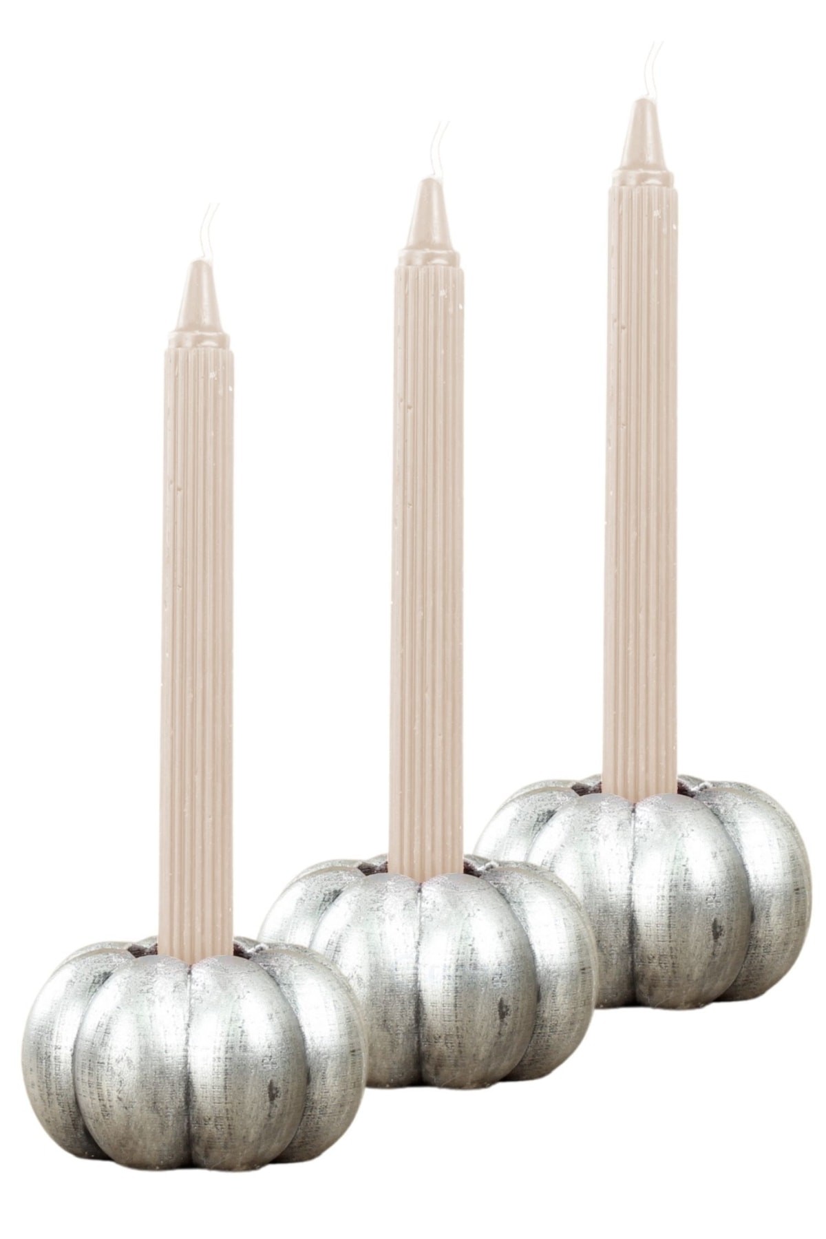 Gümüş Eskitme Mumluk Şamdan 3 Adet Tealight ve İnce Mum Uyumlu Kabak Model