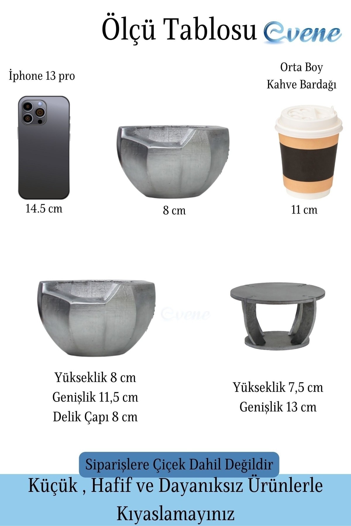 Ahşap Ayaklı Beton Saksı Dekoratif 1 Adet Gümüş Varak Boyalı Eskitmeli Önü Açık Model
