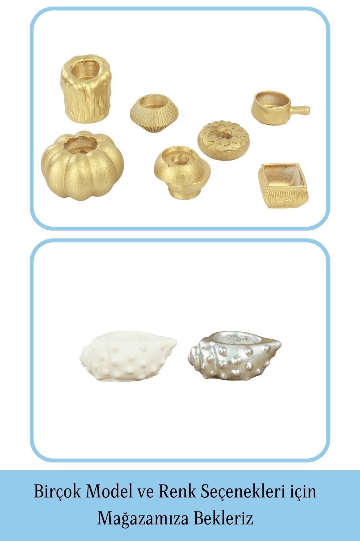 Altın Mumluk Şamdan 3 Adet Tealight Uyumlu Deniz Kabuğu Mum Model