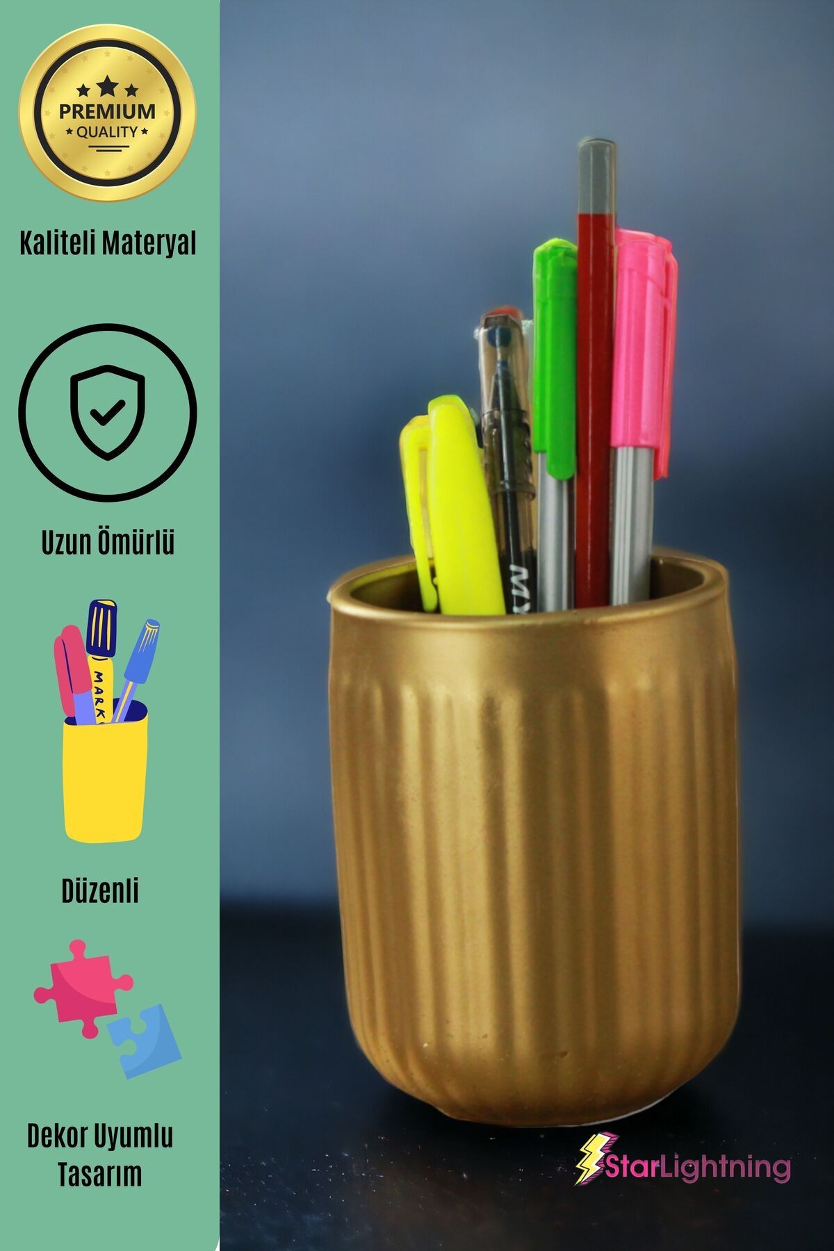 Kalemlik Altın Renk Masa Kalemliği Organizer Kalemlik Model 11