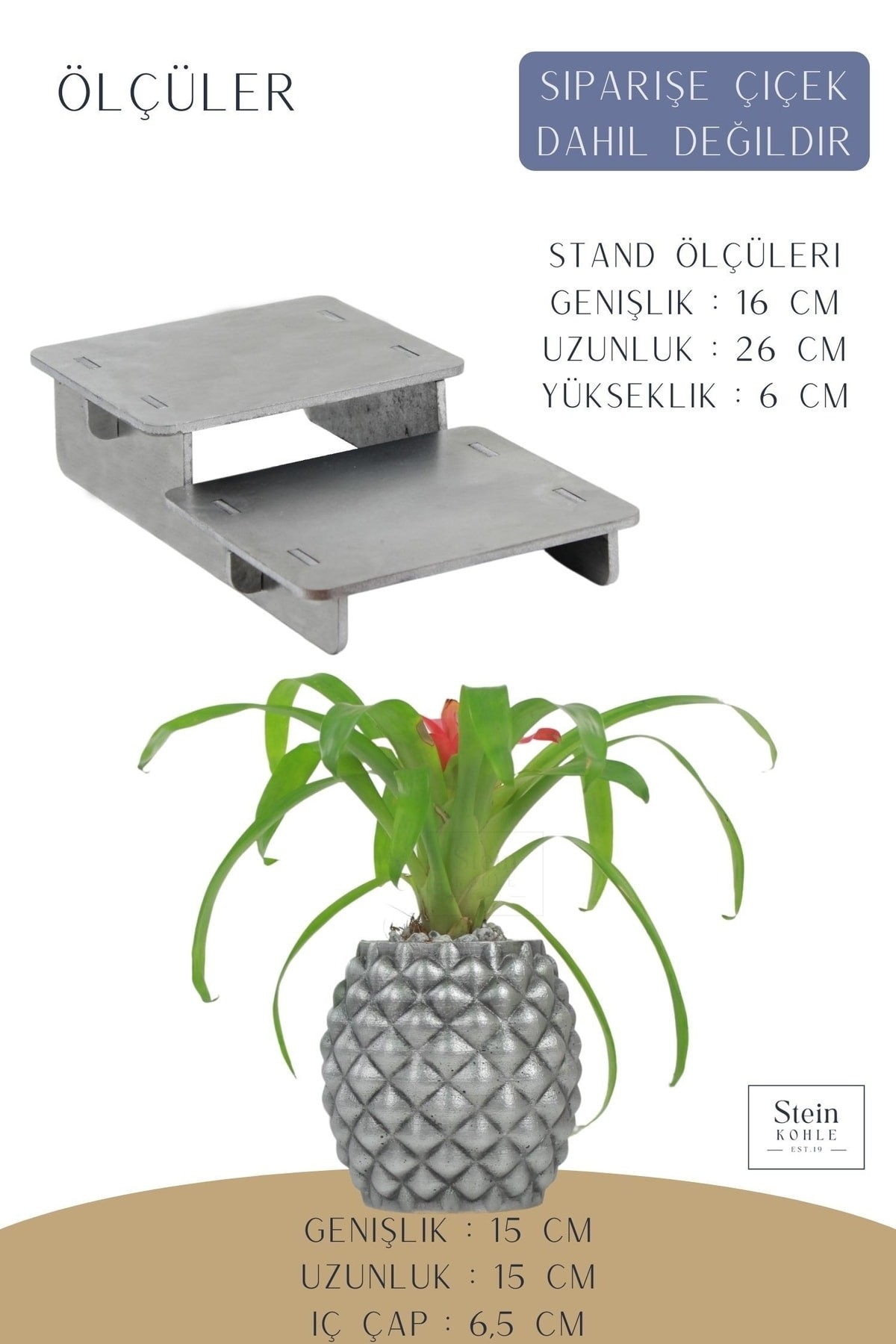 Ayaklı Saksı Ahşap Büyük Boy 2 Adet Gümüş Renk Eskitme Uygulamalı Ananas Model