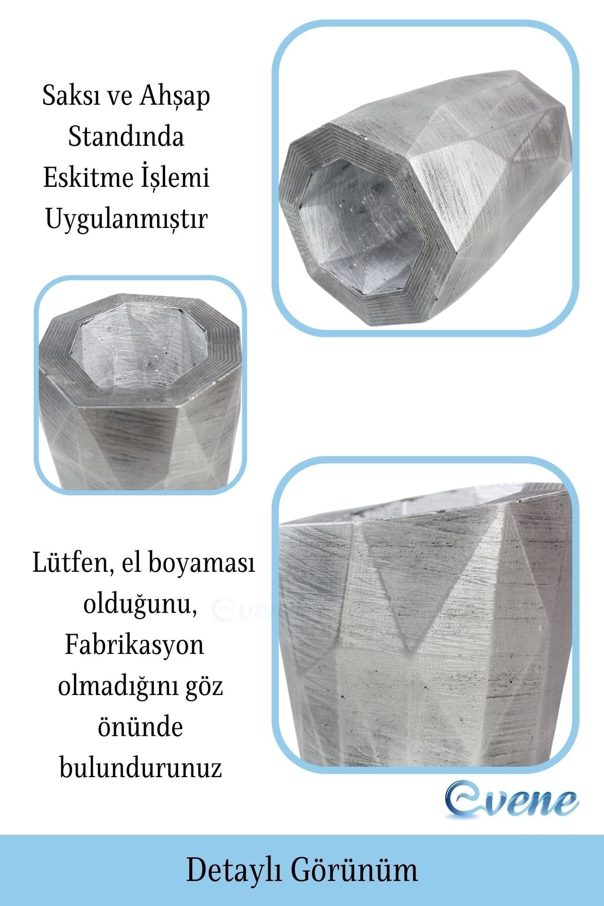 Ahşap Ayaklı Beton Saksı Dekoratif 1 Adet Gümüş Varak Boyalı Eskitmeli Uzun Poly Model