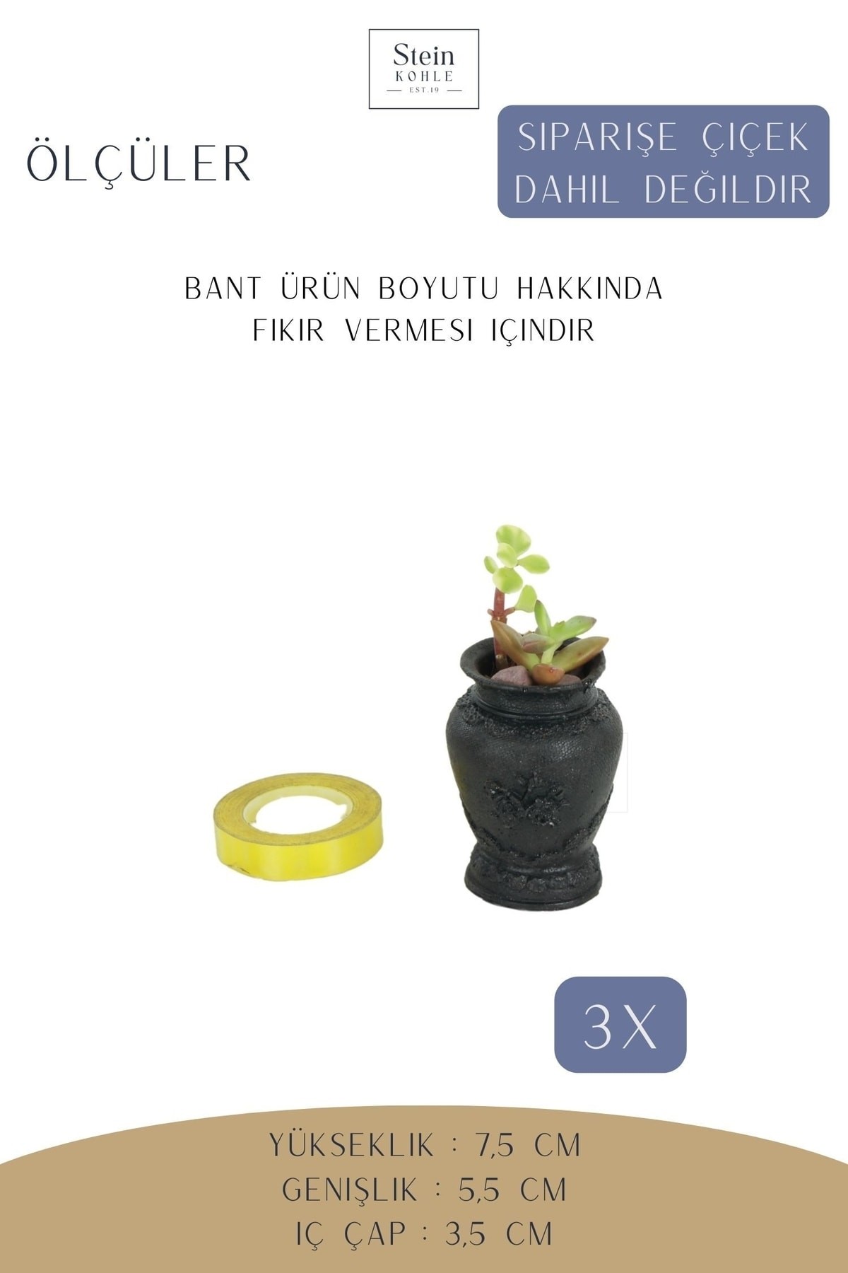 Dekoratif Saksı Minik Kaktüs Saksısı Siyah Renk 3 Adet Saksı Seti Mini Vazo Model