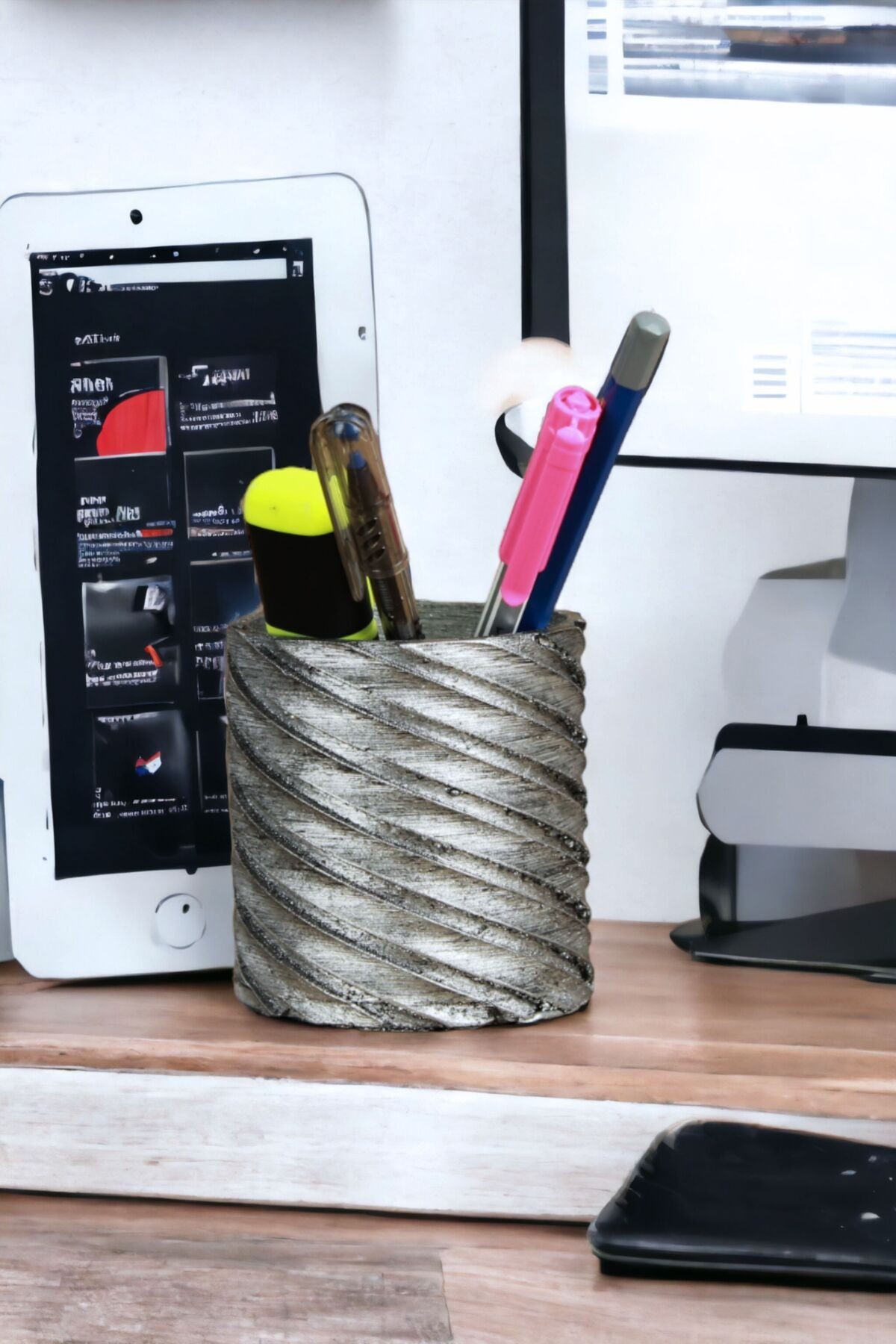 Kalemlik Gümüş Eskitme Renk Masa Kalemliği Organizer Kalemlik Model 6