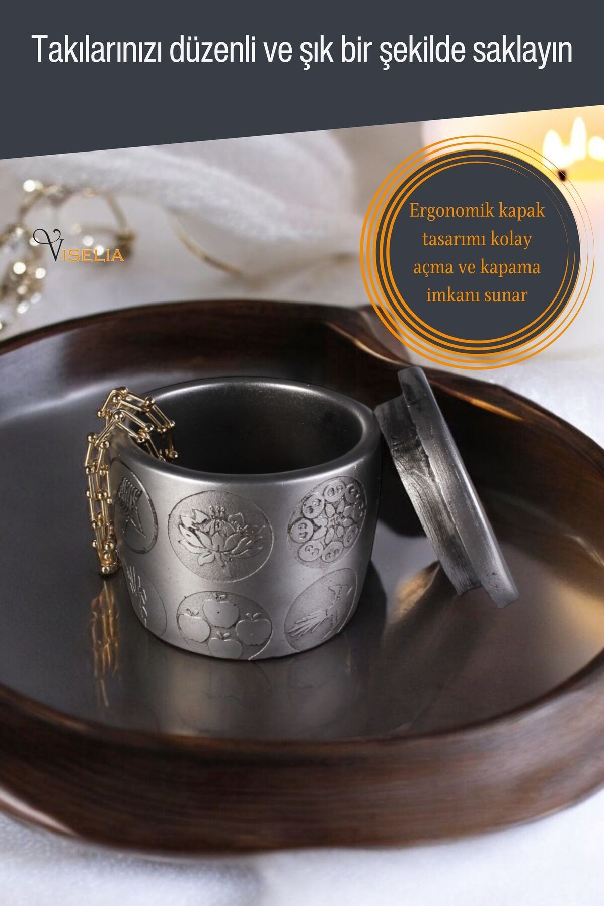 Takı Kutusu Takı Organizer Kapaklı Kutu Takı Düzenleyici Gümüş Eskitme Renk Model 9