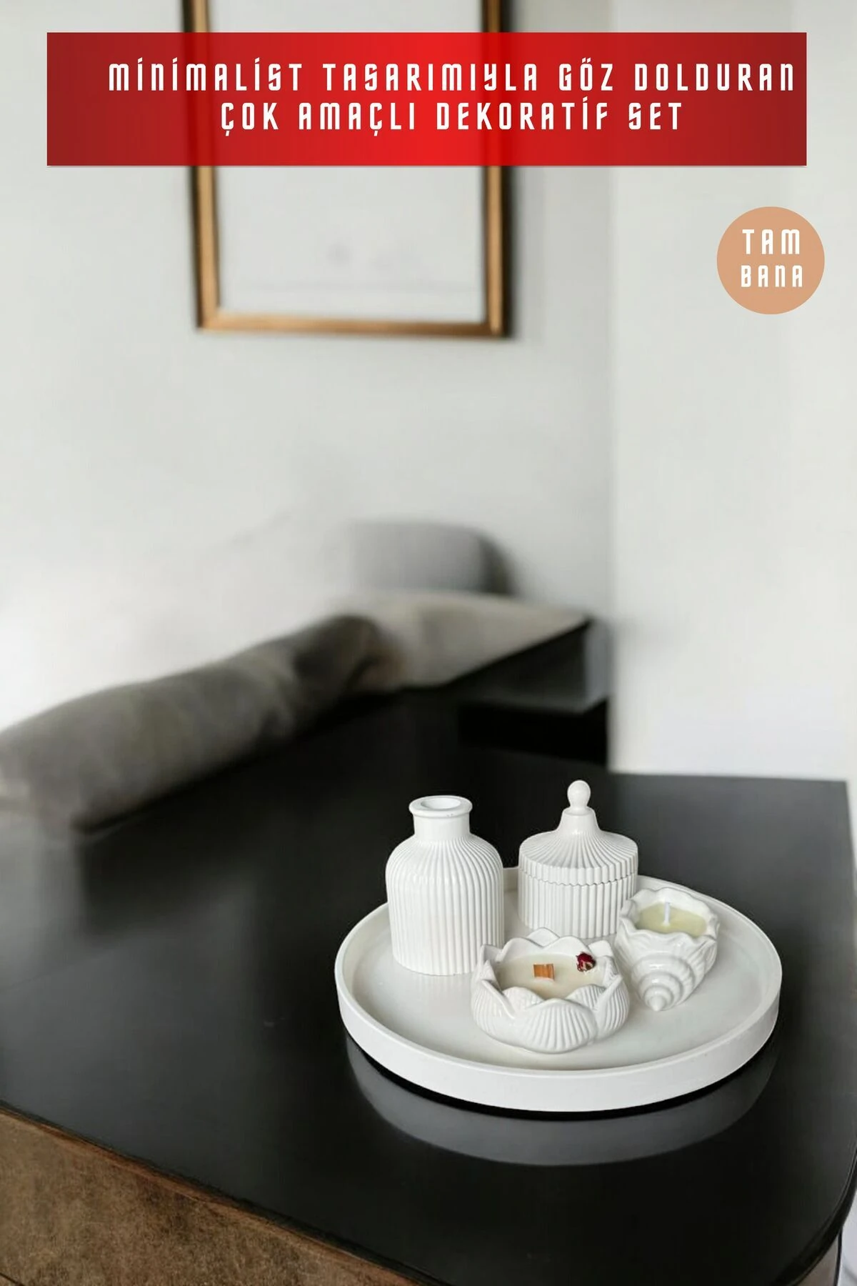 Krem Sunumluk Takı Tabağı Dekoratif Tepsi Obje Seti 5 Parça Model 1025