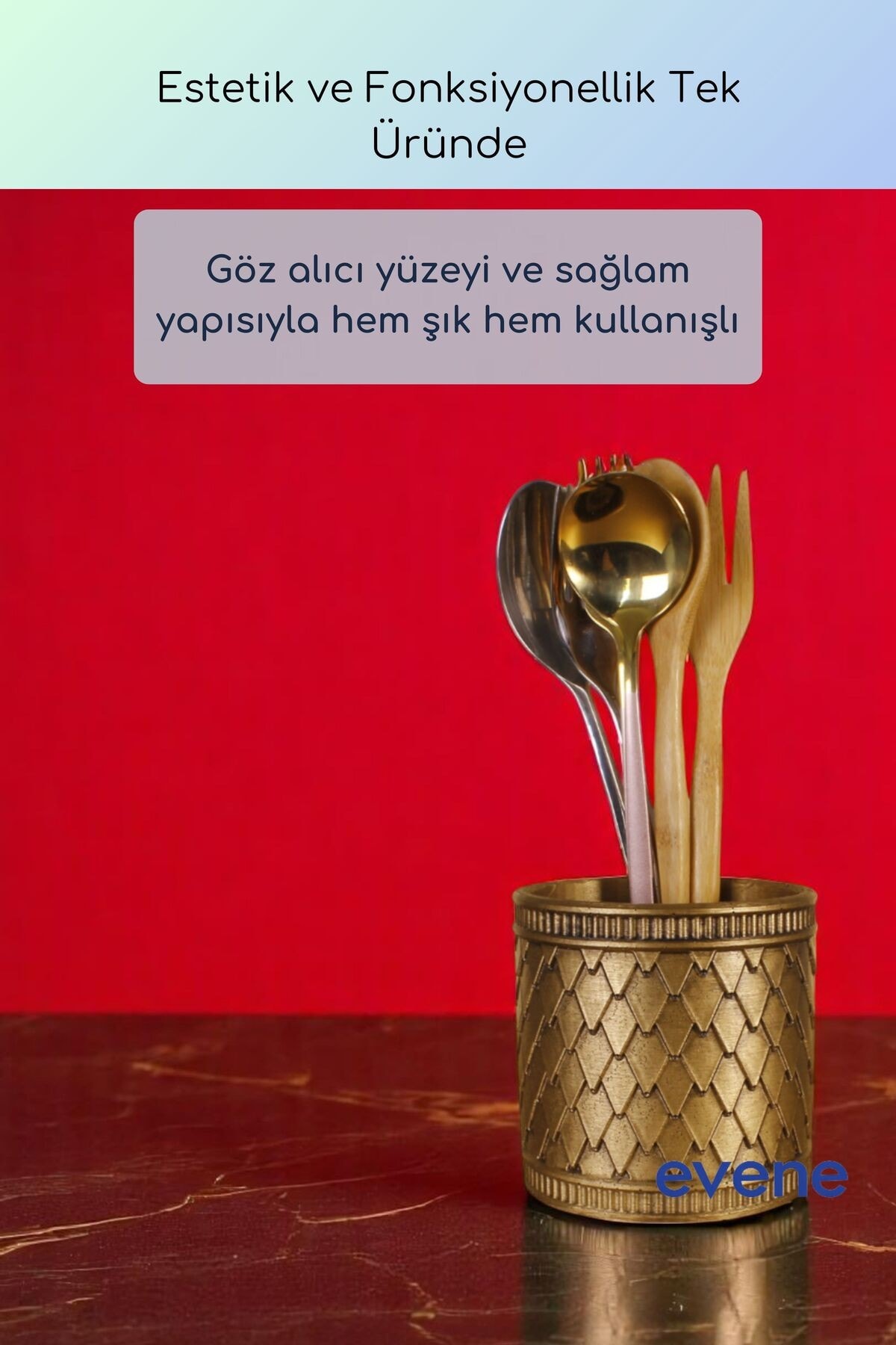 Tezgah Üstü Kaşıklık Dekoratif Dik Kaşıklık Silindir Kaşıklık Altın Eskitme Renk Model 87