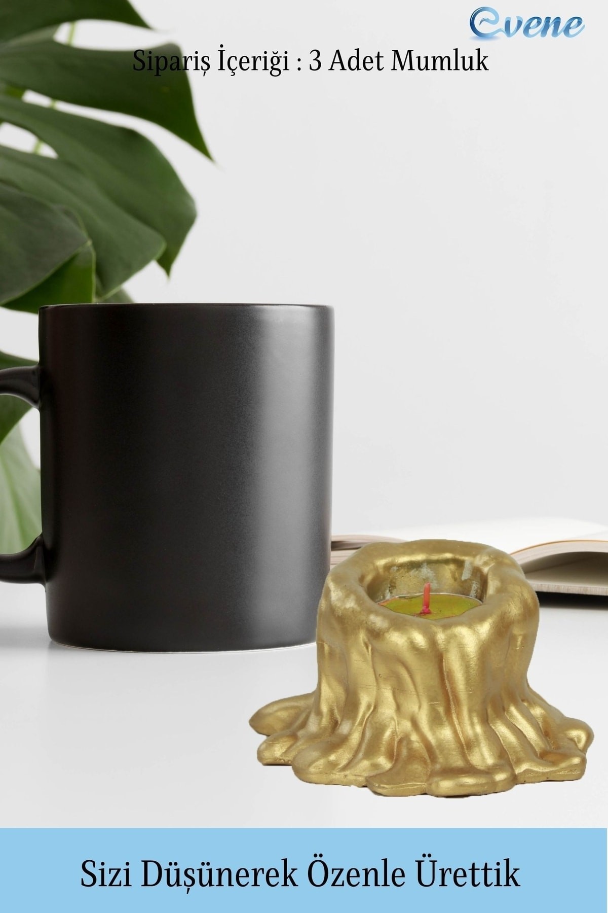 Altın Mumluk Şamdan 3 Adet Tealight Uyumlu Üçlü Tüm Boylar Erimiş Mum Model