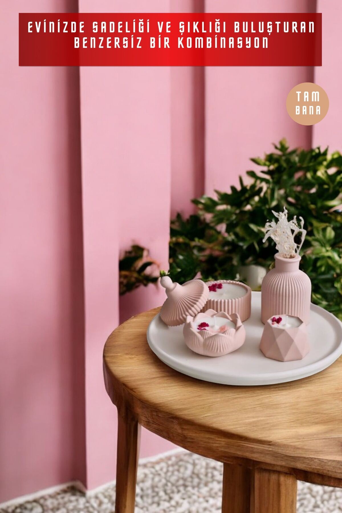 Pembe Sunumluk Takı Tabağı Dekoratif Tepsi Obje Seti 5 Parça Model 1023