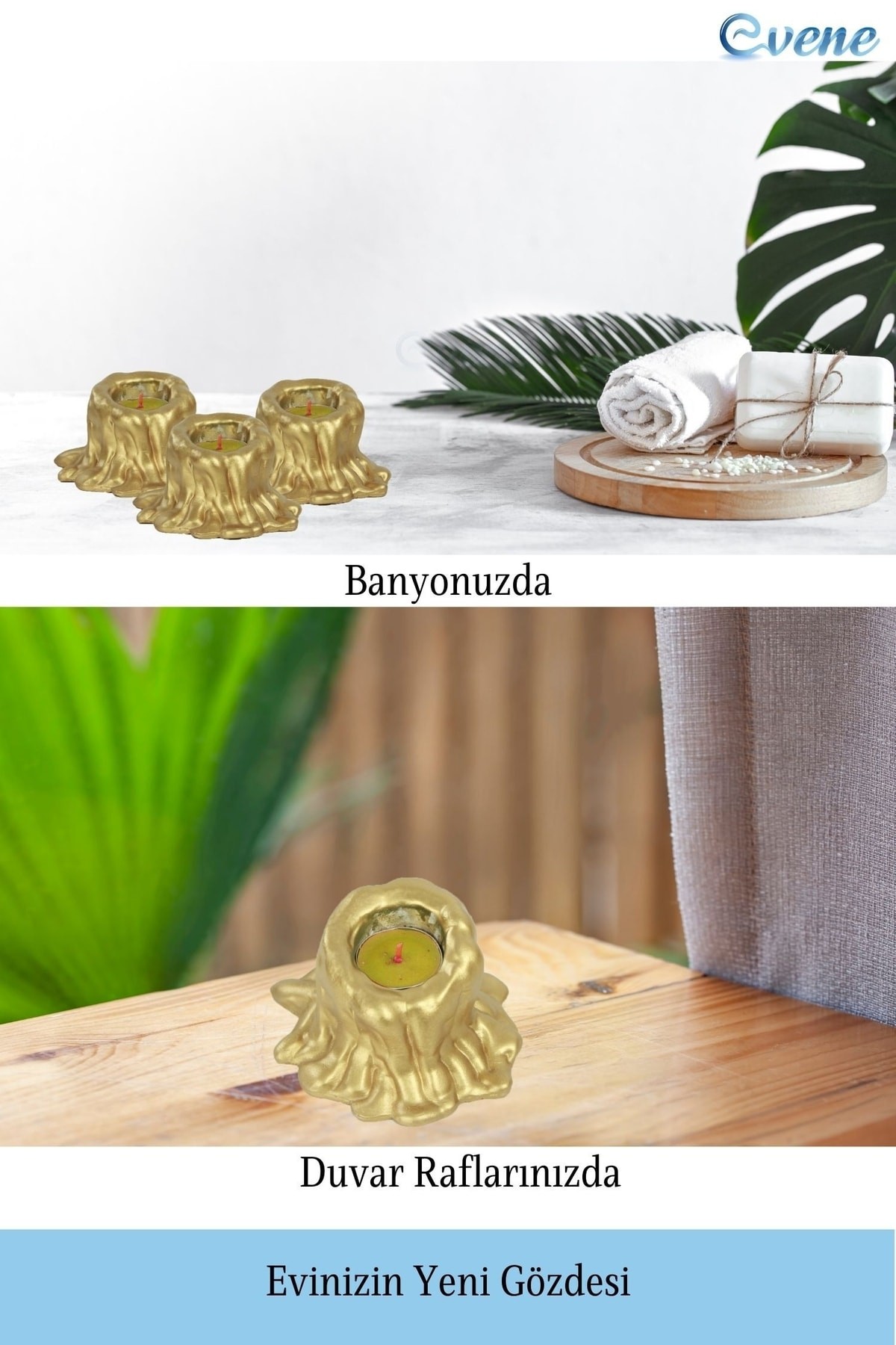 Altın Mumluk Şamdan 3 Adet Tealight Uyumlu Üçlü Küçük Erimiş Mum Model