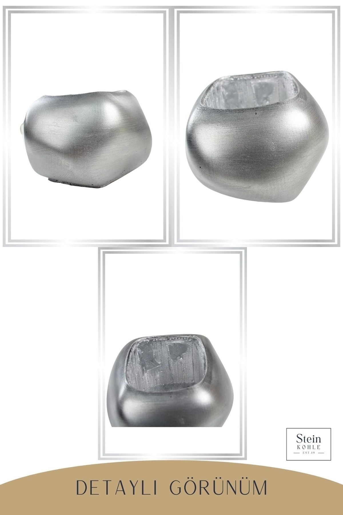 Çiçek Saksısı Büyük Boy 3 Adet Gümüş Renk Eskitme Uygulamalı Spiral Oval Model