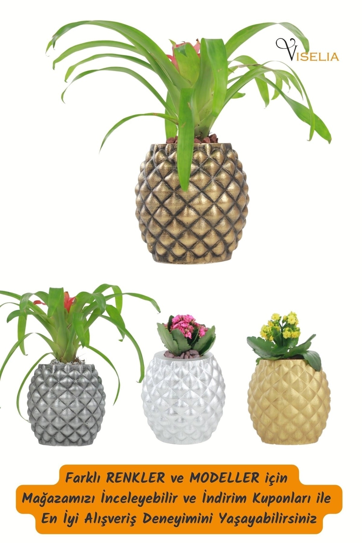 Dekoratif Saksı Altın Eskitme Büyük Çiçek Saksısı Ananas Model