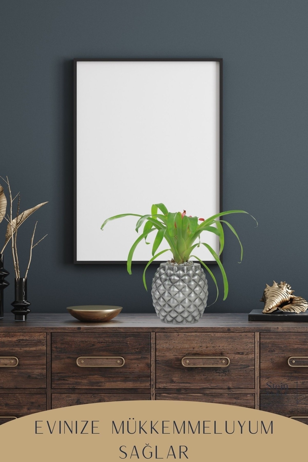 Çiçek Saksısı Büyük Boy 2 Adet Gümüş Renk Eskitme Uygulamalı Ananas Model