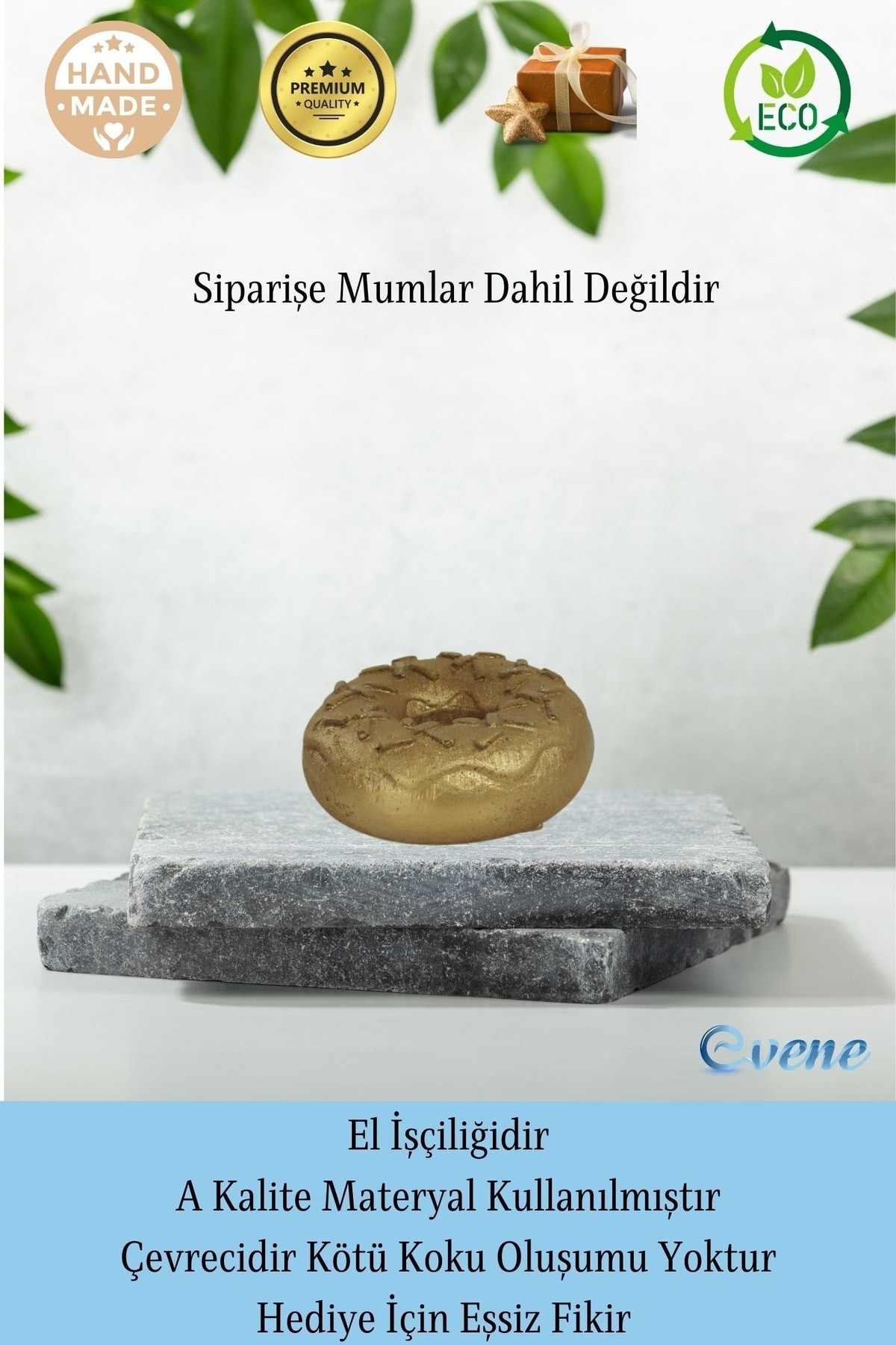 Altın Mumluk Şamdan 3 Adet İnce Mum Uyumlu Donut Model