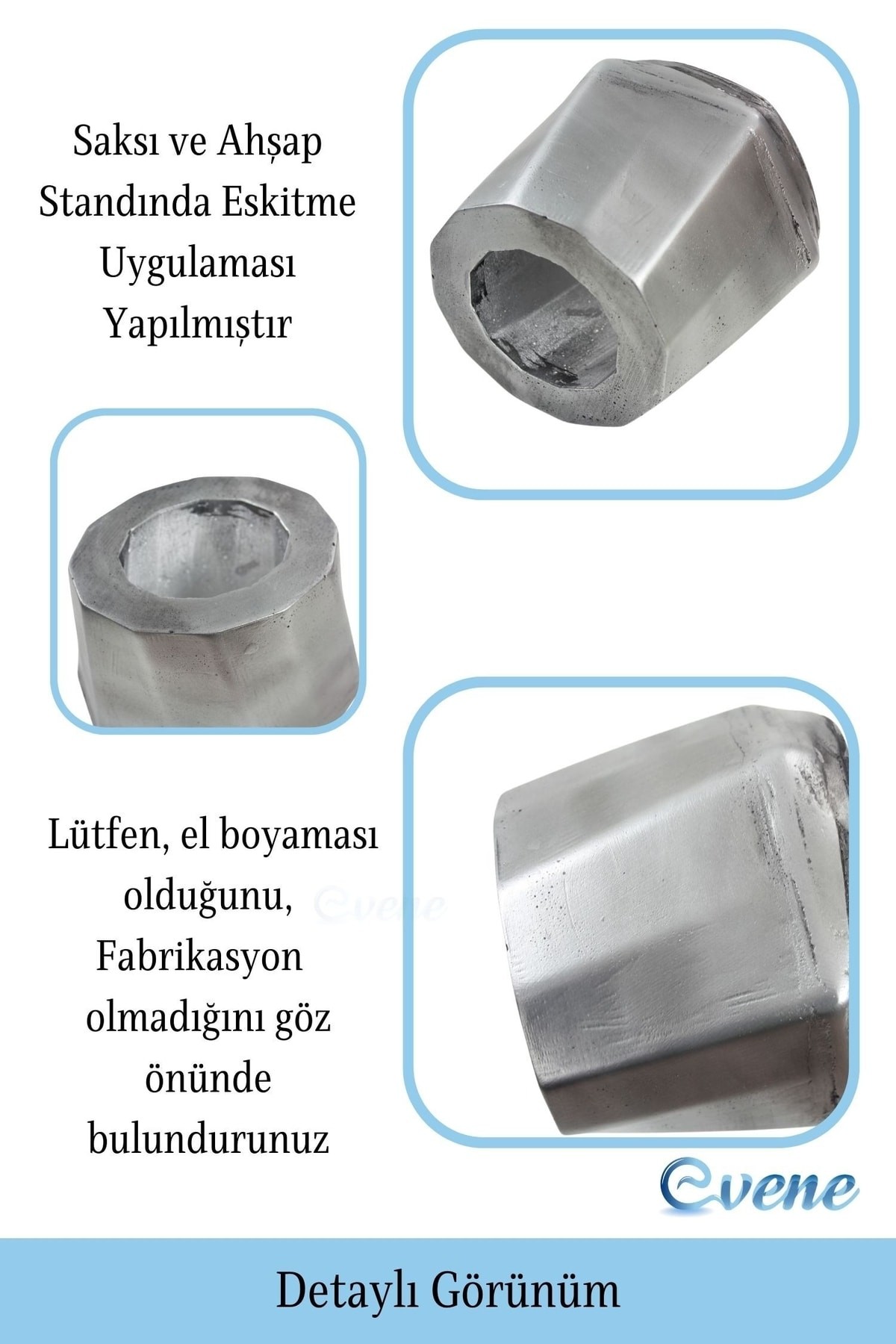Ahşap Ayaklı Beton Saksı Büyük Boy 1 Adet Gümüş Varak Boyalı Eskitmeli Kalın Çizgili Model