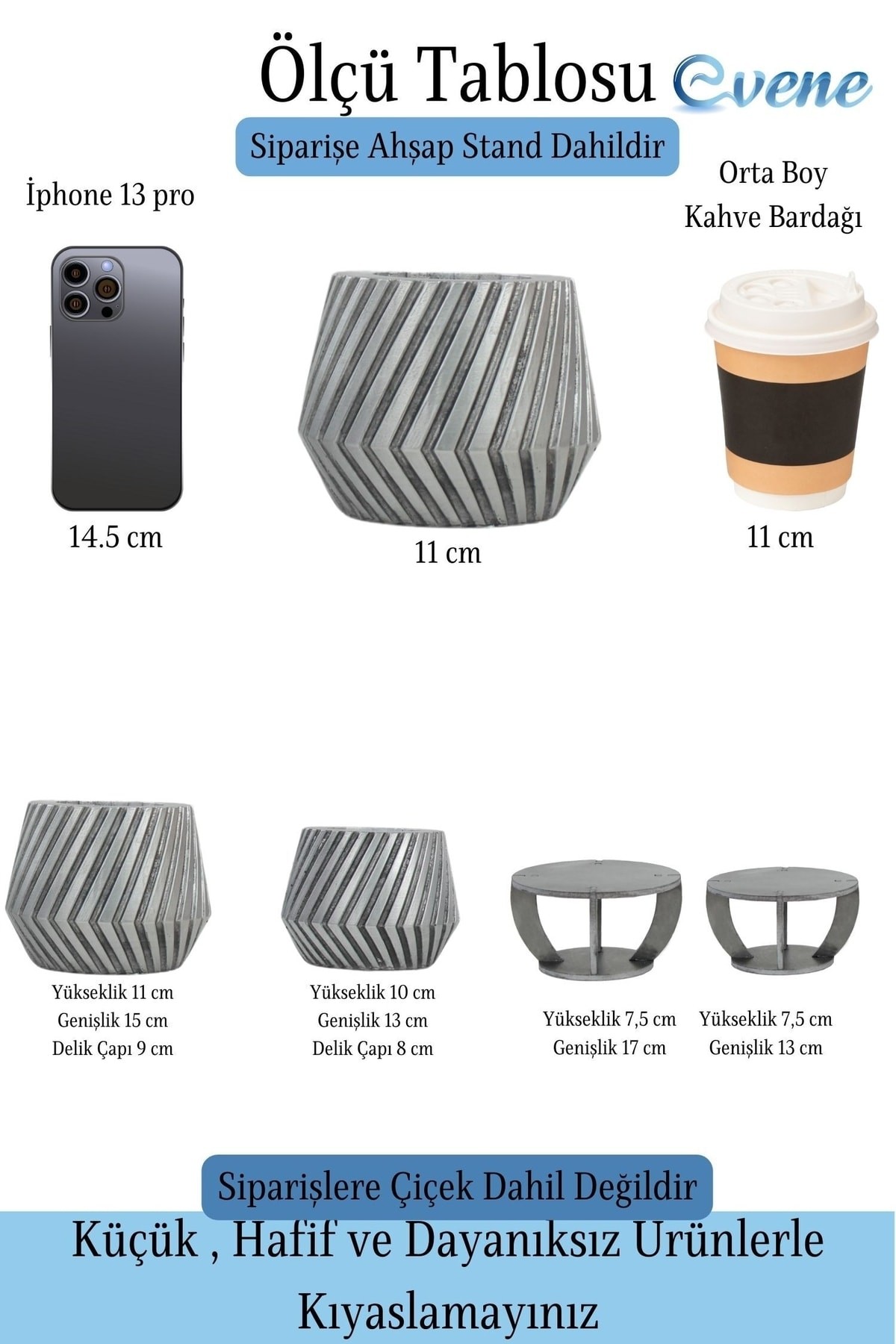 Ahşap Ayaklı Beton Saksı Büyük Boy Set 2 Adet Gümüş Varak Boyalı Eskitmeli Dişli Model