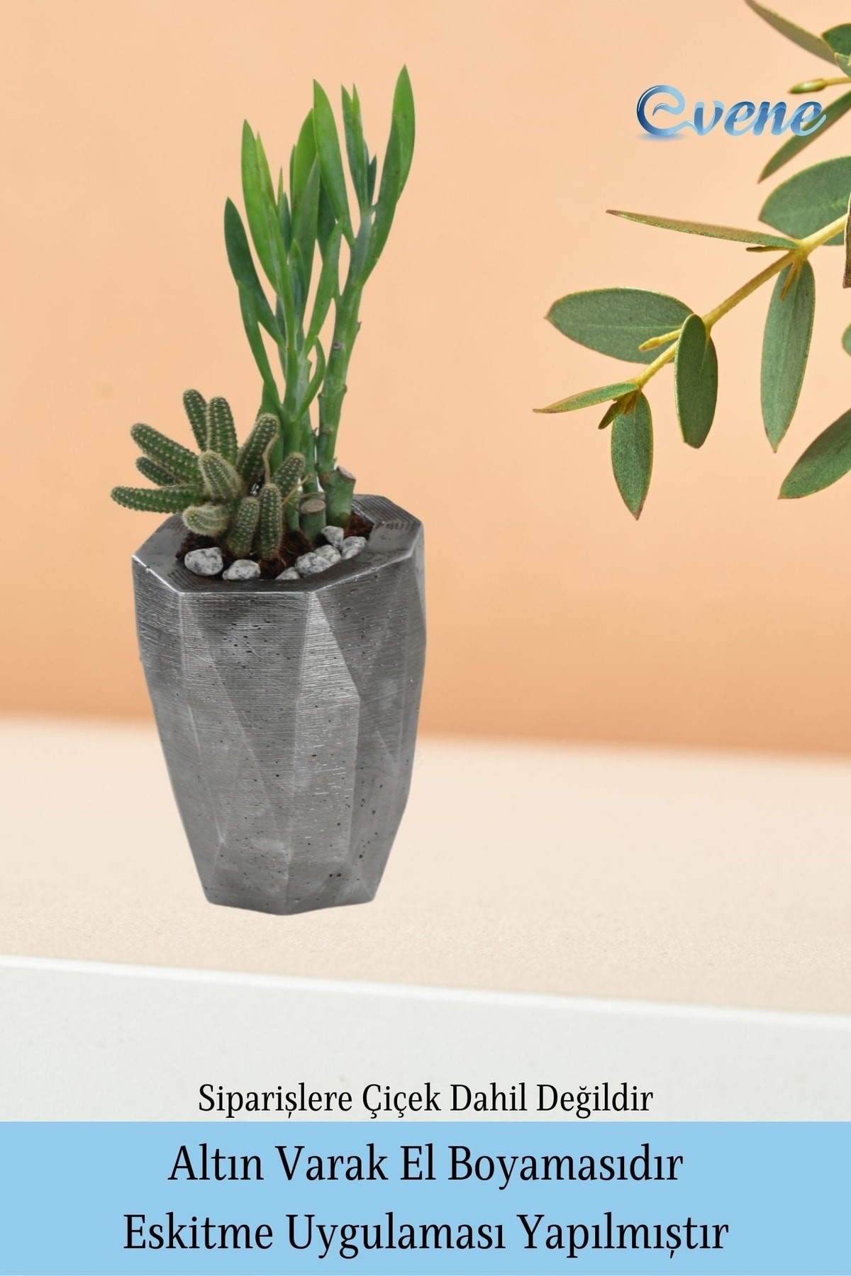 Ahşap Ayaklı Beton Saksı Dekoratif 1 Adet Gümüş Varak Boyalı Eskitmeli Uzun Poly Model