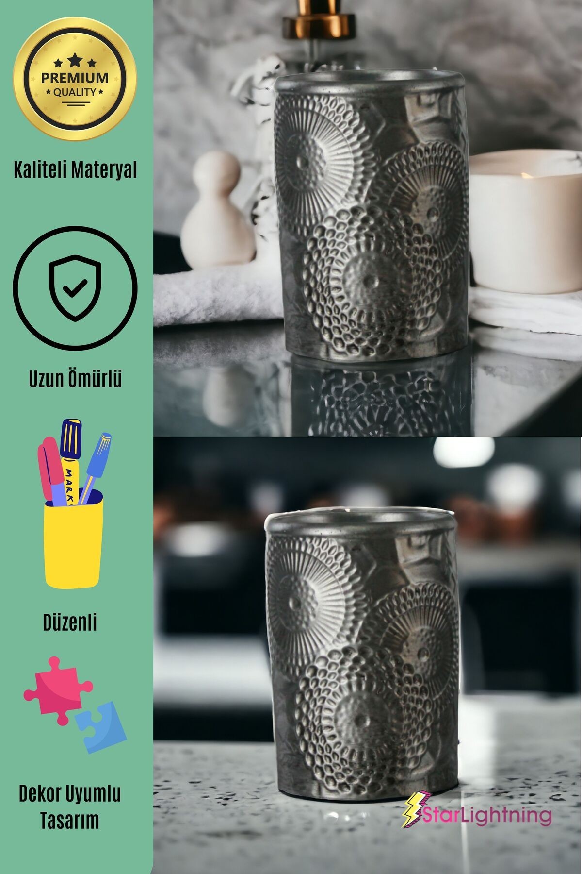 Kalemlik Gümüş Eskitme Renk Masa Kalemliği Organizer Kalemlik Model 12