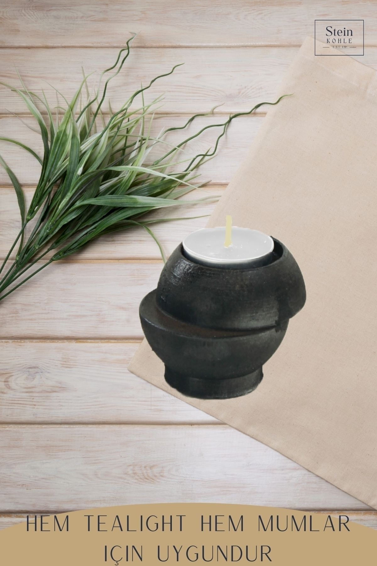 Şamdan Dekoratif Mumluk Siyah Şamdan Set 3 lü (Üçlü) Tealight ve Uzun Mum Uyumlu Kesik Model