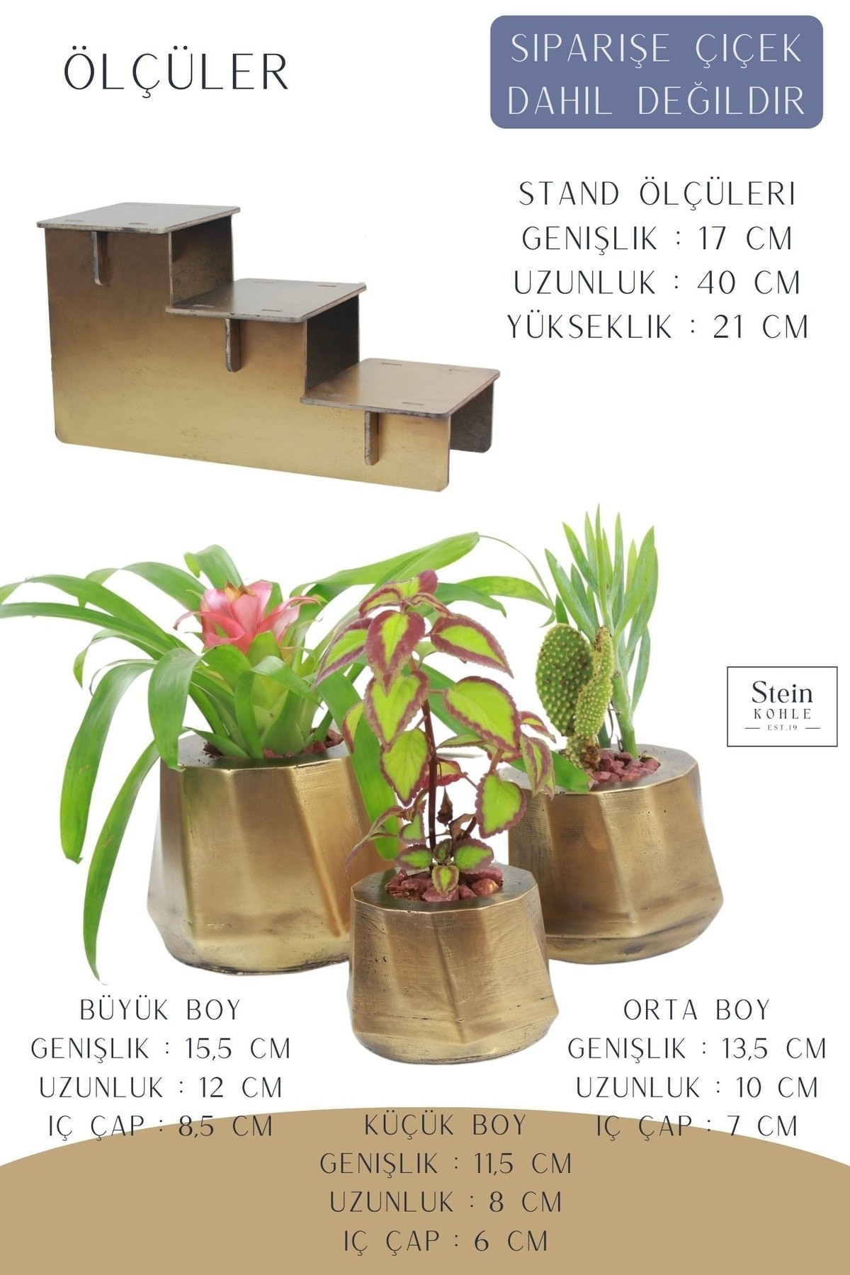 Ayaklı Saksı Ahşap Büyük Boy 3 Adet Altın Renk Eskitme Uygulamalı Kalın Çizgi Model