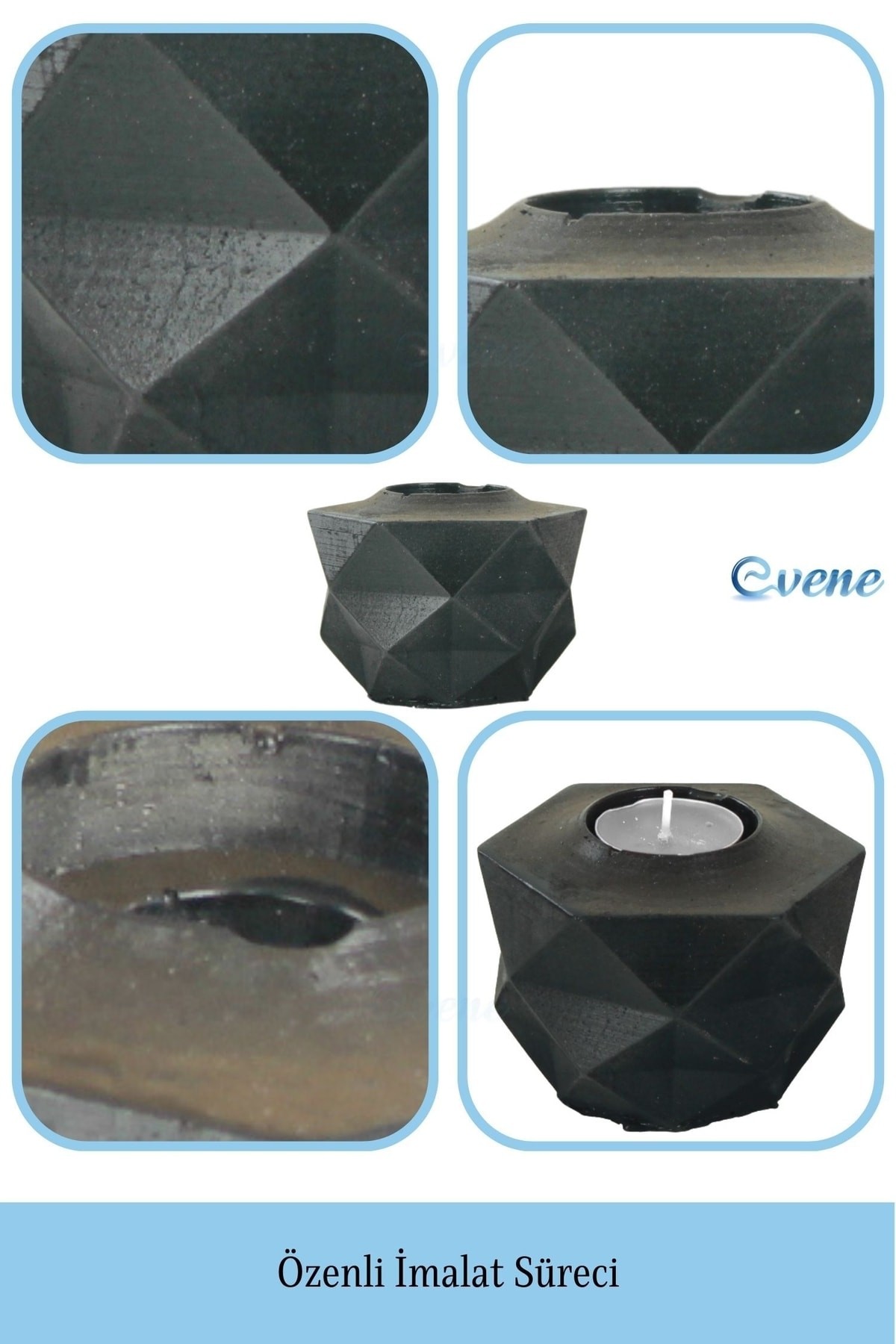 Siyah Mumluk Şamdan Tealight ve İnce Mum Uyumlu Prizma Model