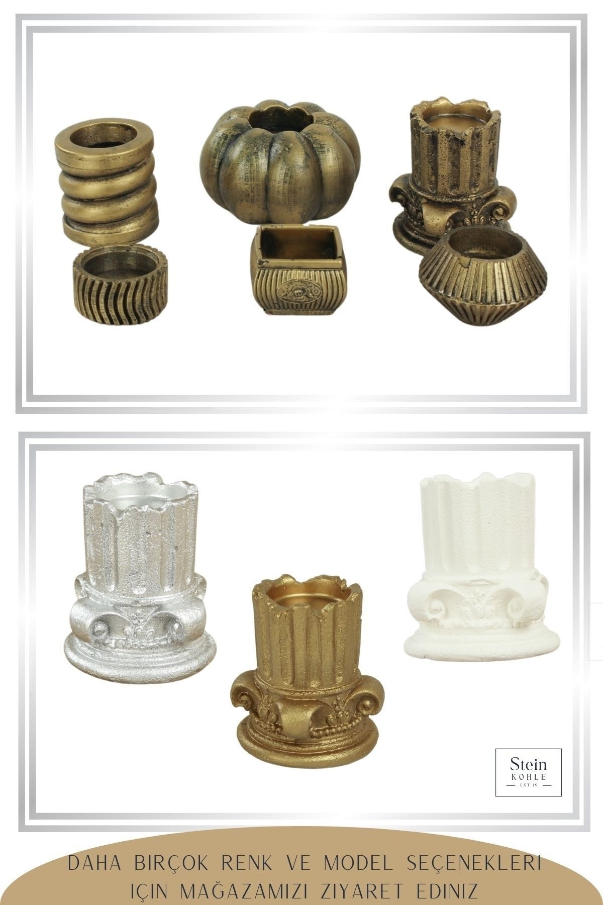 Şamdan Dekoratif Mumluk Altın Eskitme Şamdan Set 3 lü (Üçlü) Tealight Uyumlu Sütun Model