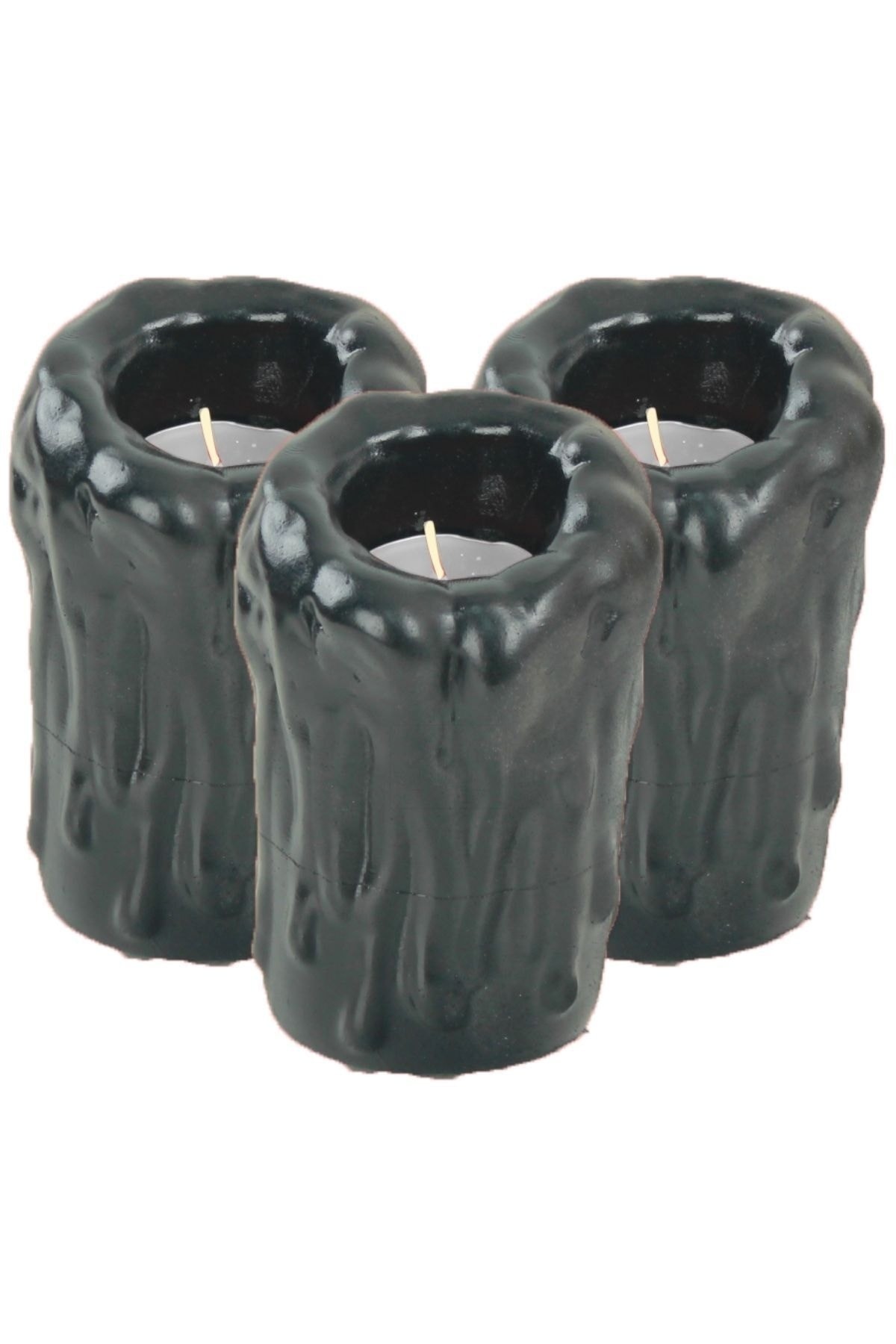 Şamdan Dekoratif Mumluk Siyah Şamdan Set 3 lü (Üçlü) Tealight Uyumlu Erimiş Mum Büyük Model
