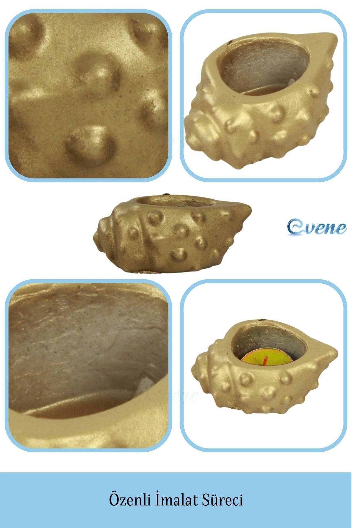 Altın Mumluk Şamdan 3 Adet Tealight Uyumlu Deniz Kabuğu Mum Model