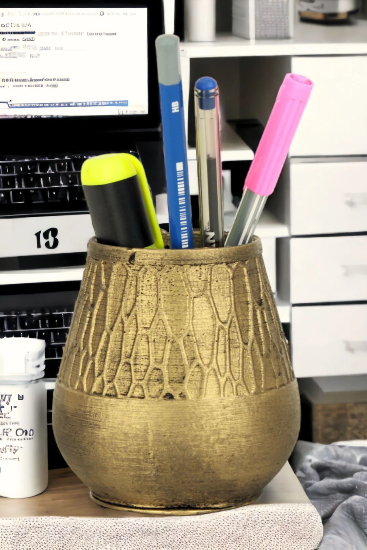 Kalemlik Altın Eskitme Renk Masa Kalemliği Organizer Kalemlik Model 3